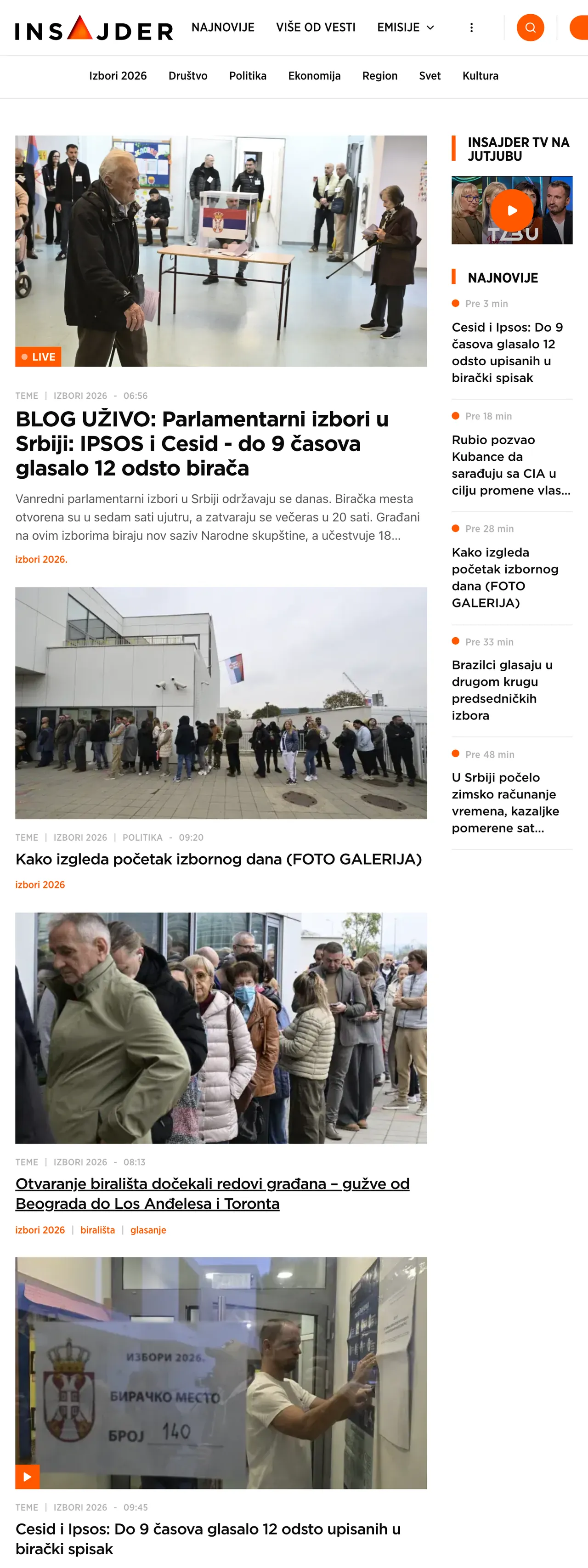 Screenshot of the Insajder front page