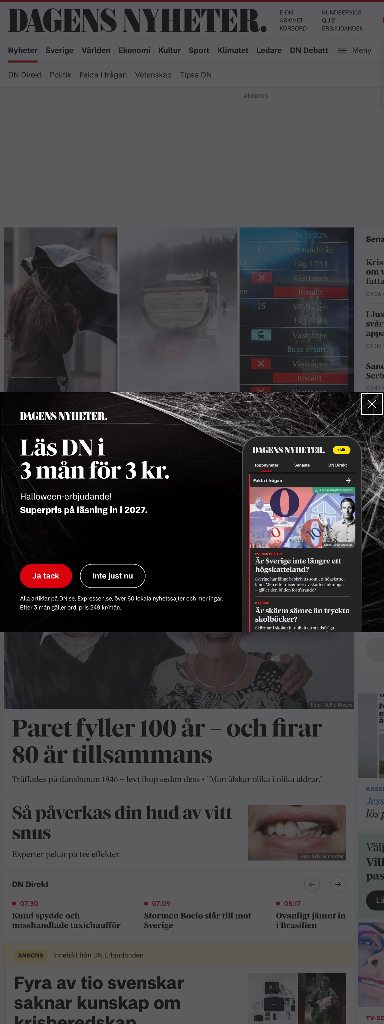 Screenshot of the Dagens Nyheter front page