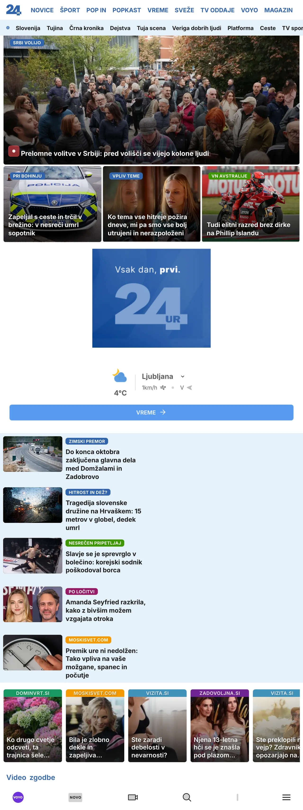 Screenshot of the 24ur front page