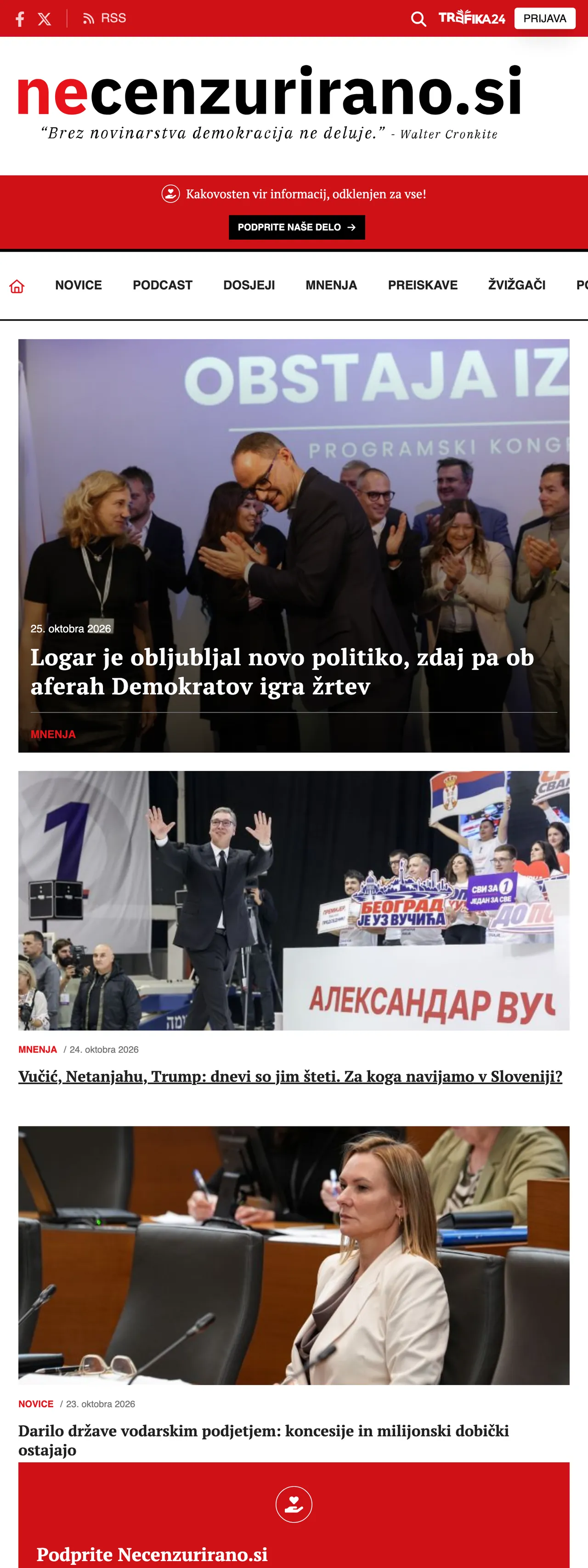 Screenshot of the Necenzurirano front page