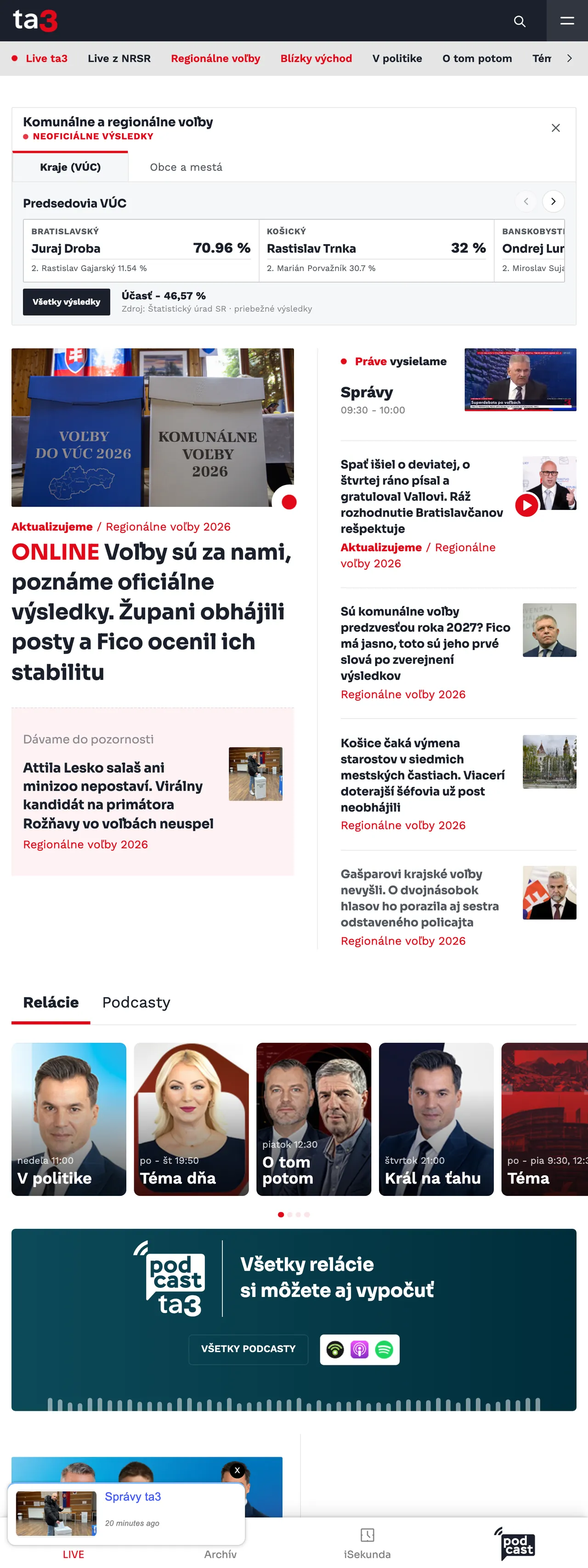 Screenshot of the TA3 front page