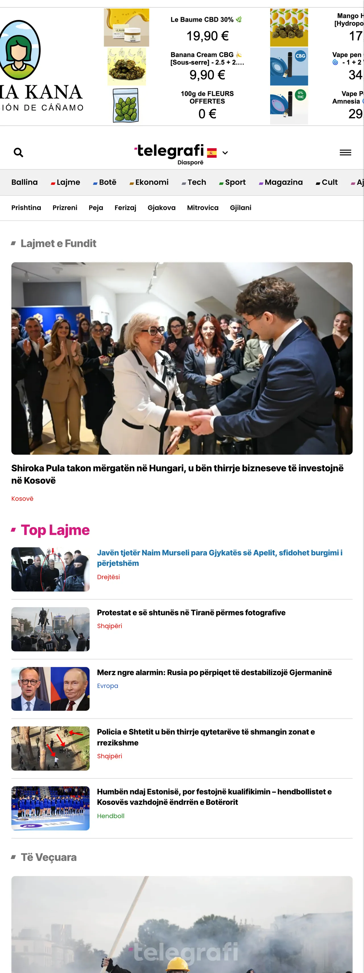 Screenshot of the Telegrafi front page
