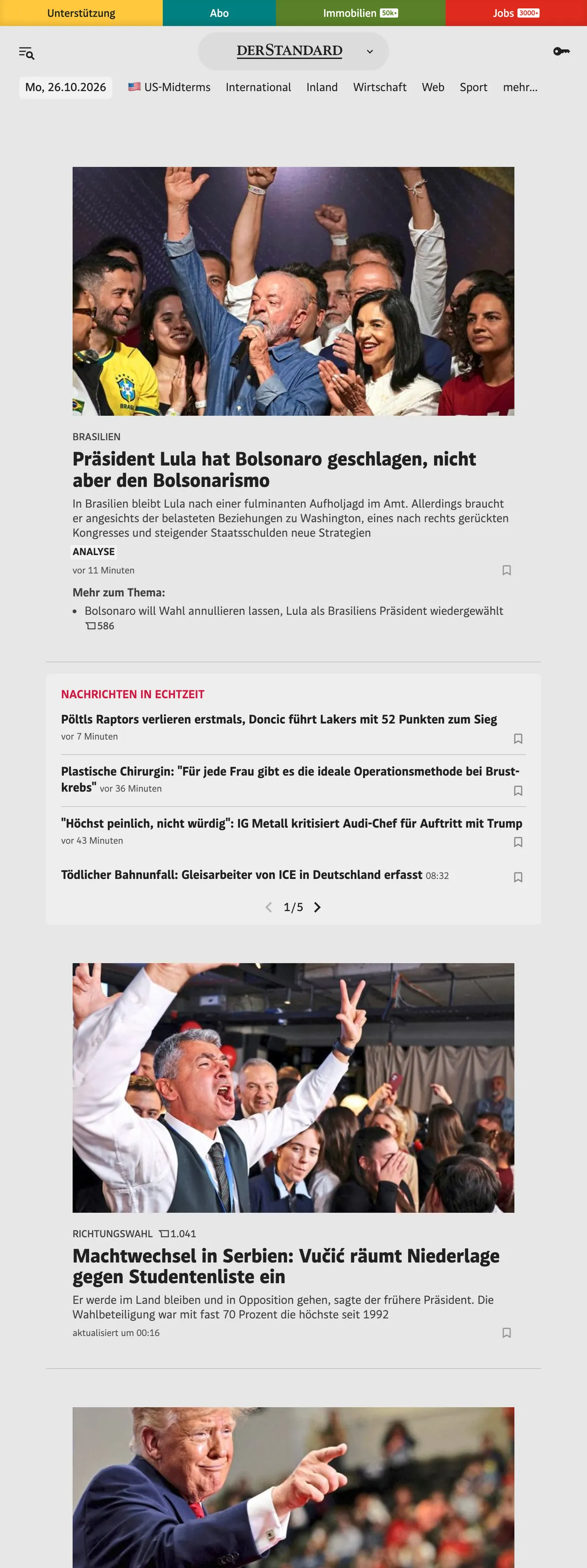 Screenshot of the DER STANDARD front page