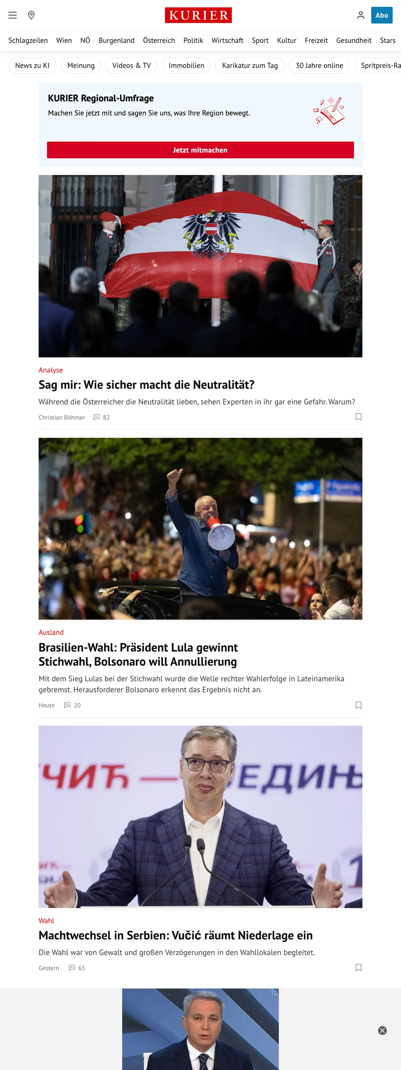 Screenshot of the Kurier front page