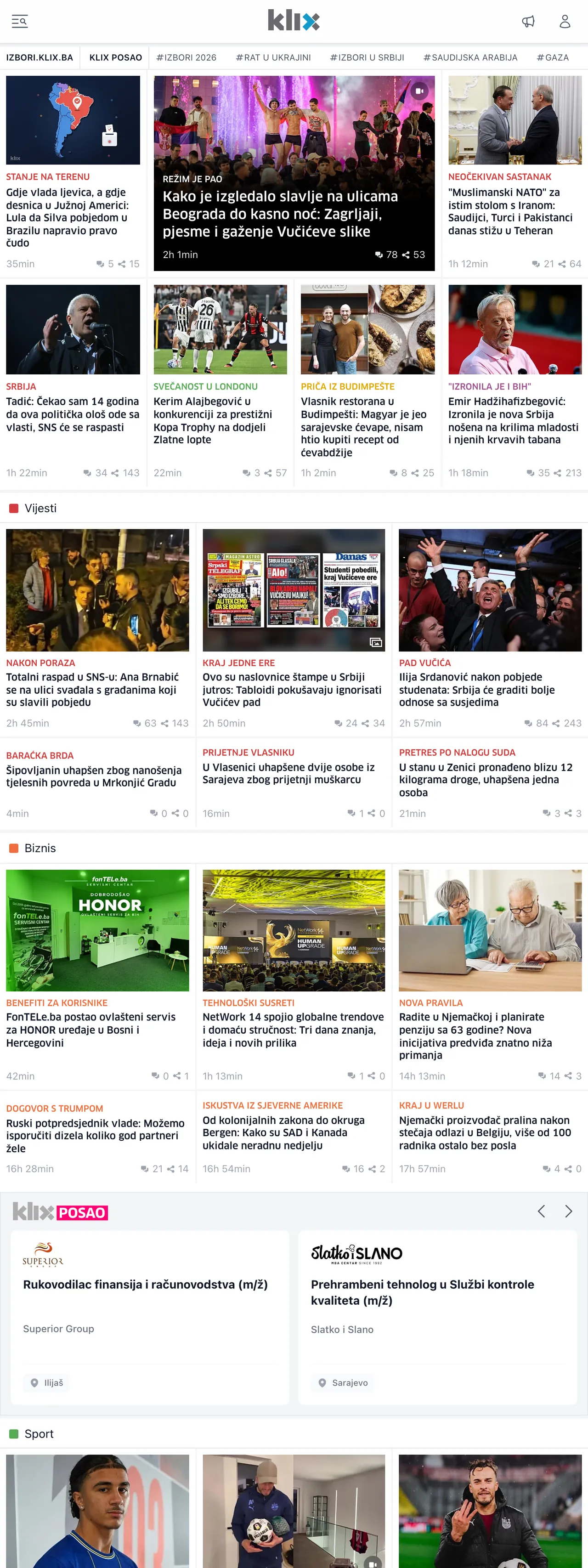 Screenshot of the Klix.ba front page