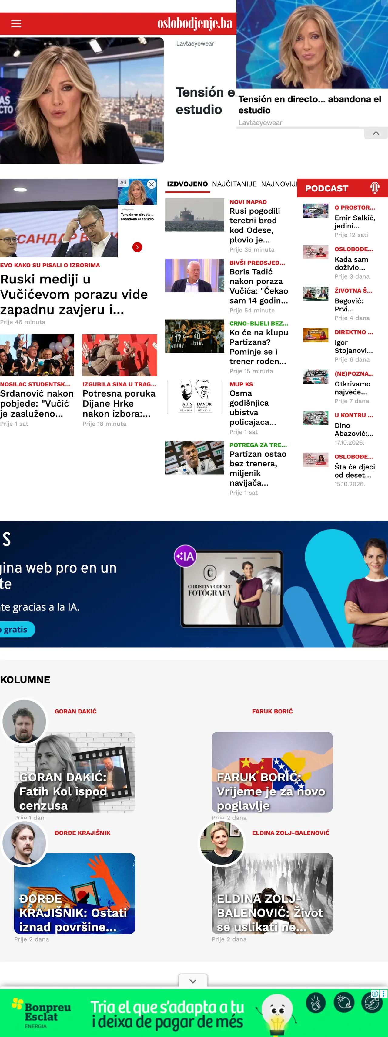 Screenshot of the Oslobođenje front page
