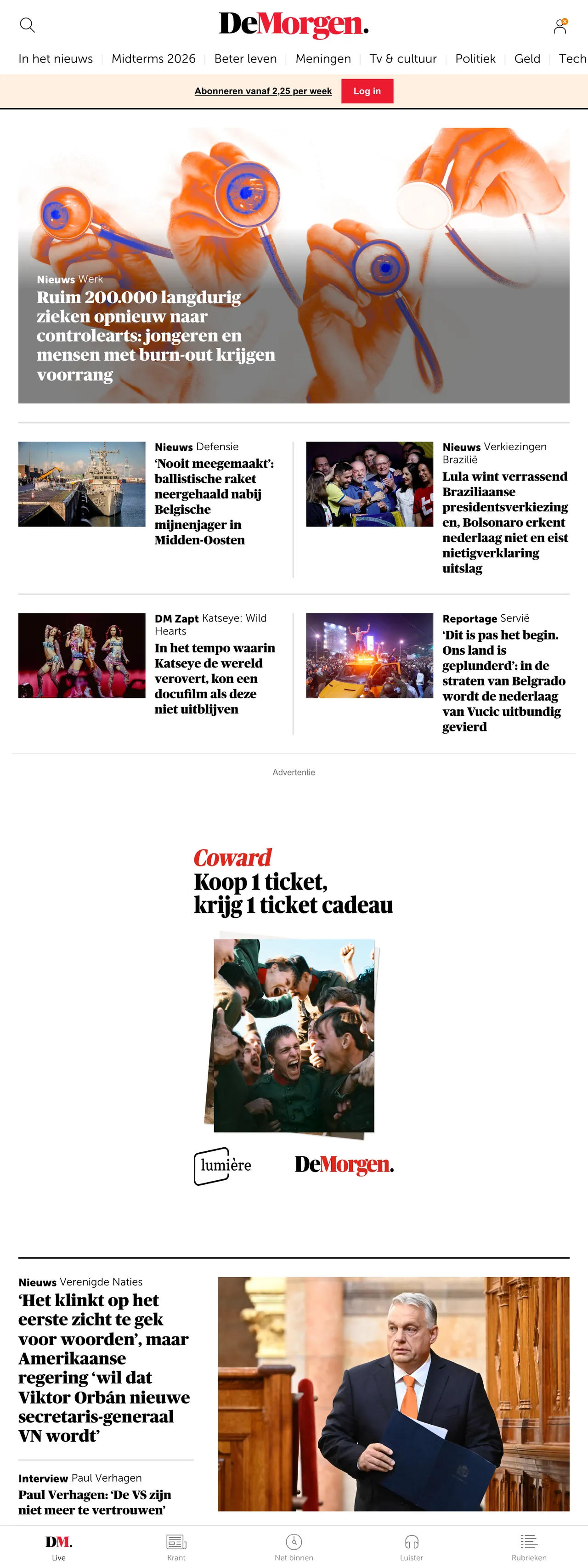 Screenshot of the De Morgen front page