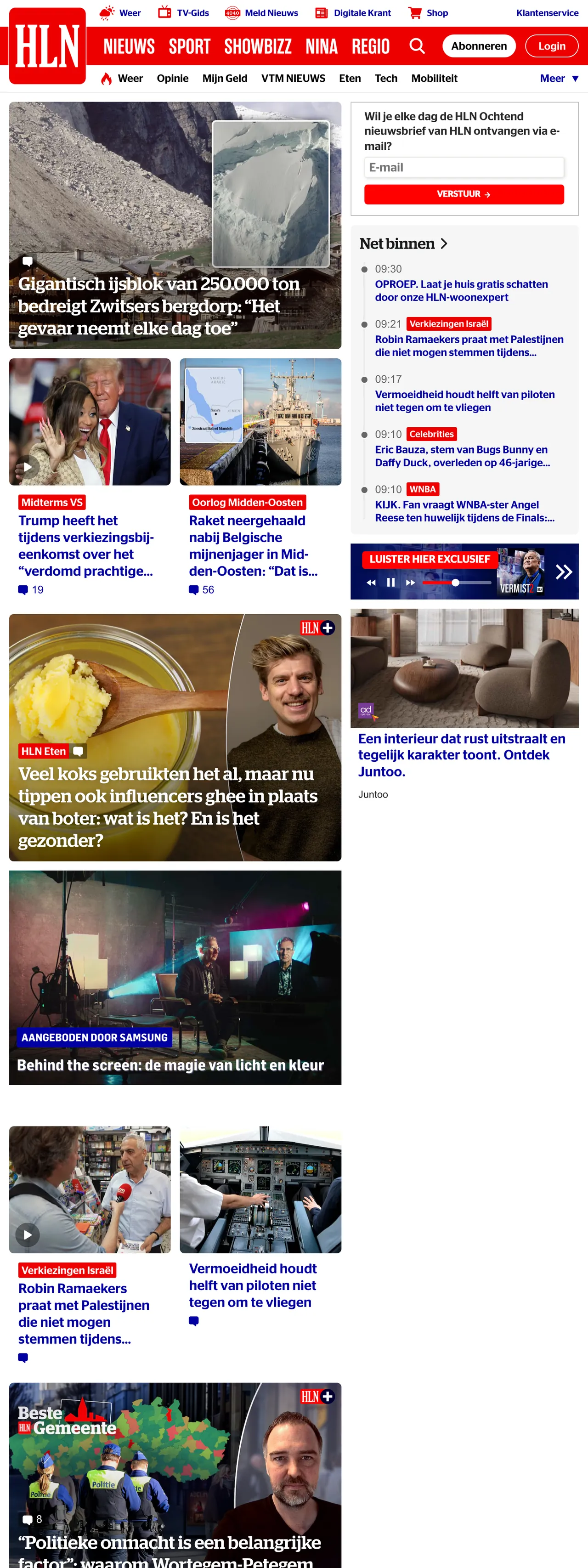 Screenshot of the HLN front page