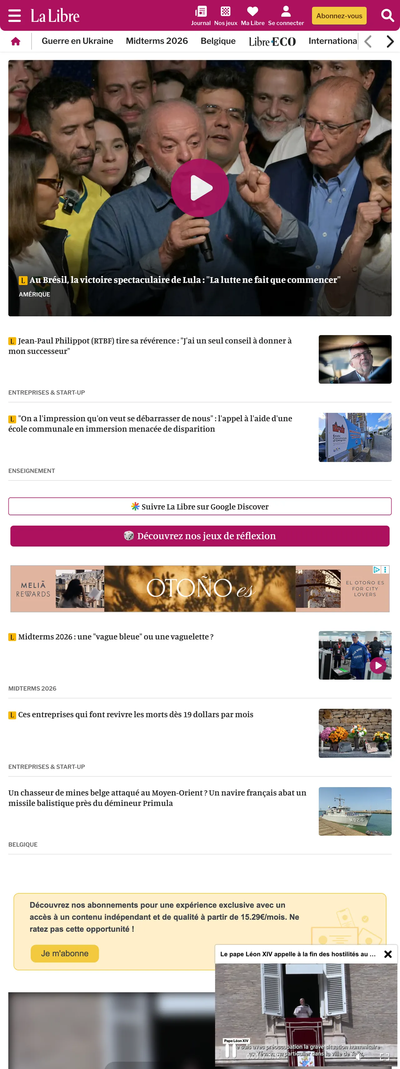 Screenshot of the La Libre front page
