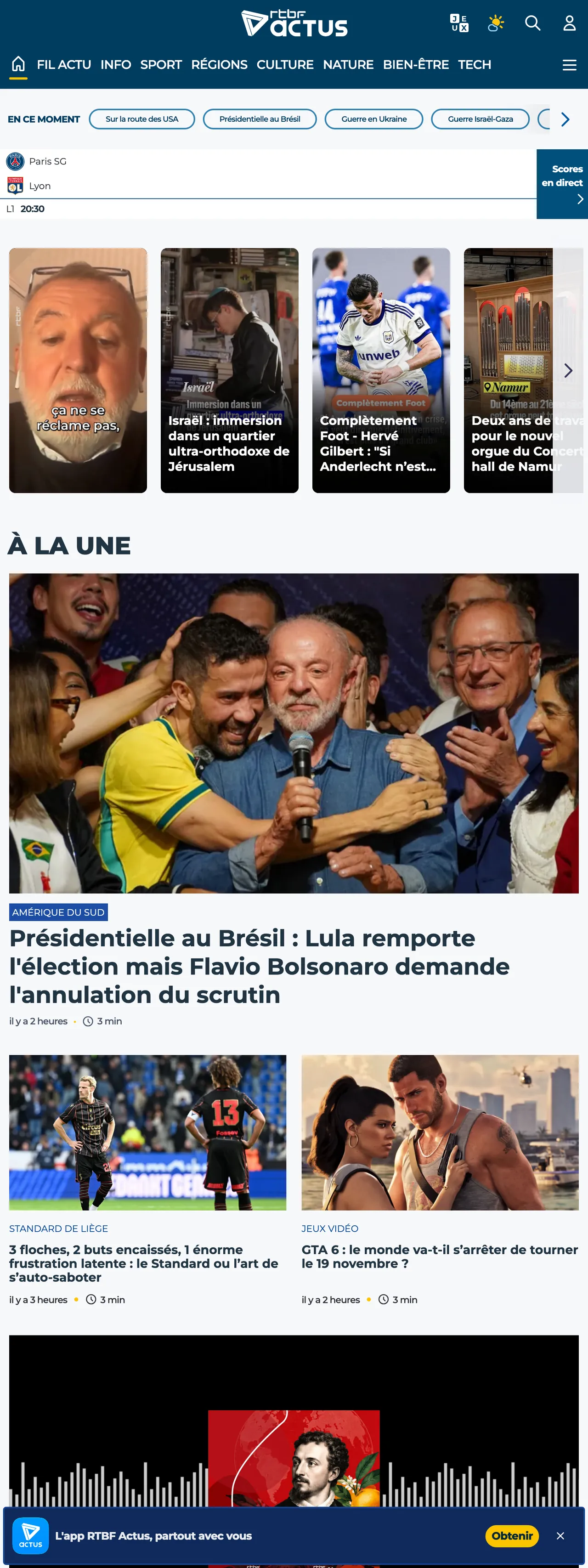 Screenshot of the RTBF front page