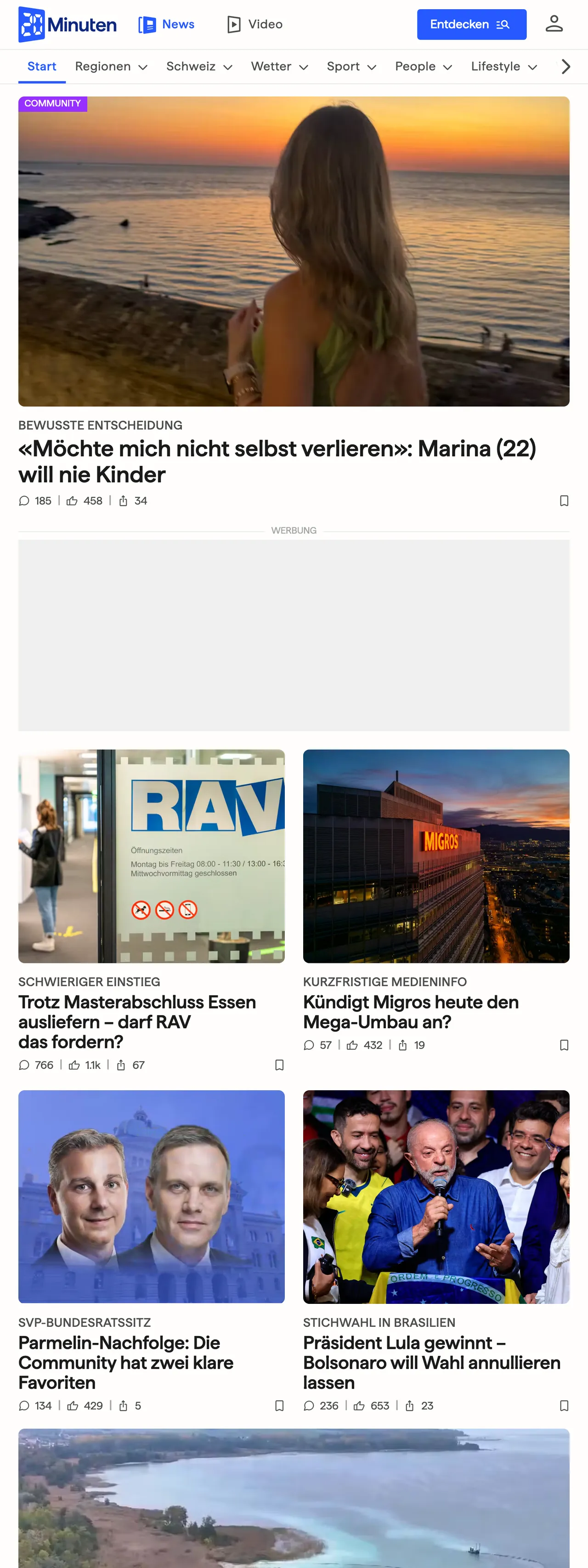 Screenshot of the 20 Minuten front page