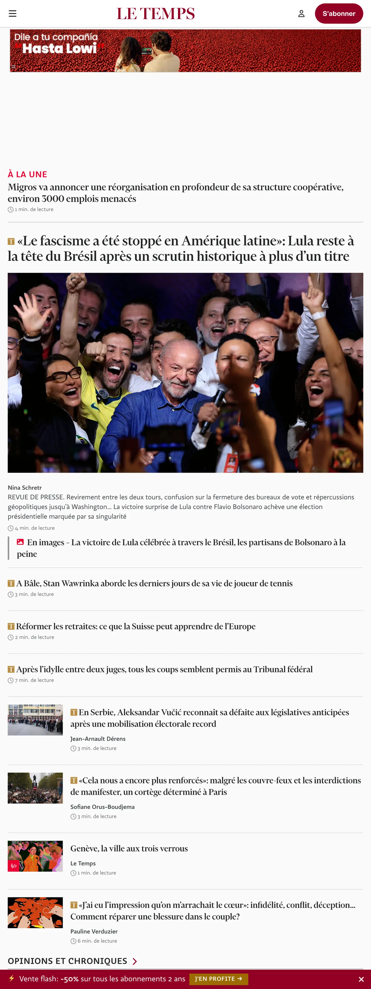 Screenshot of the Le Temps front page