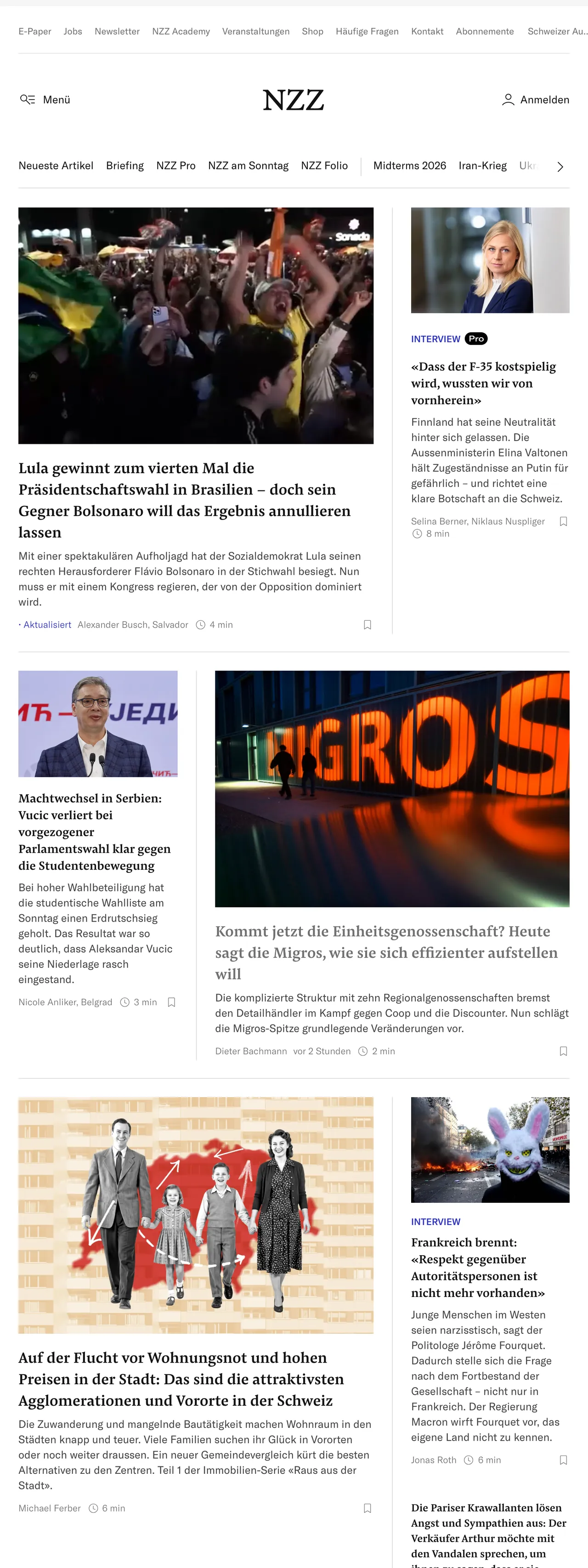 Screenshot of the Neue Zürcher Zeitung front page