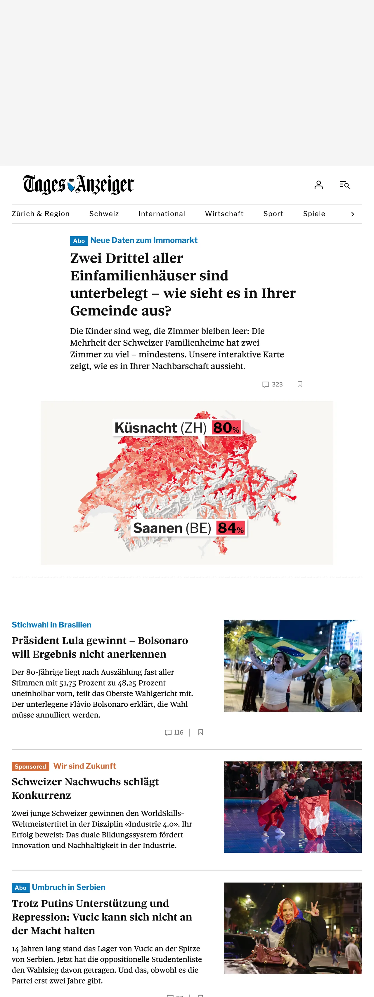 Screenshot of the Tages-Anzeiger front page