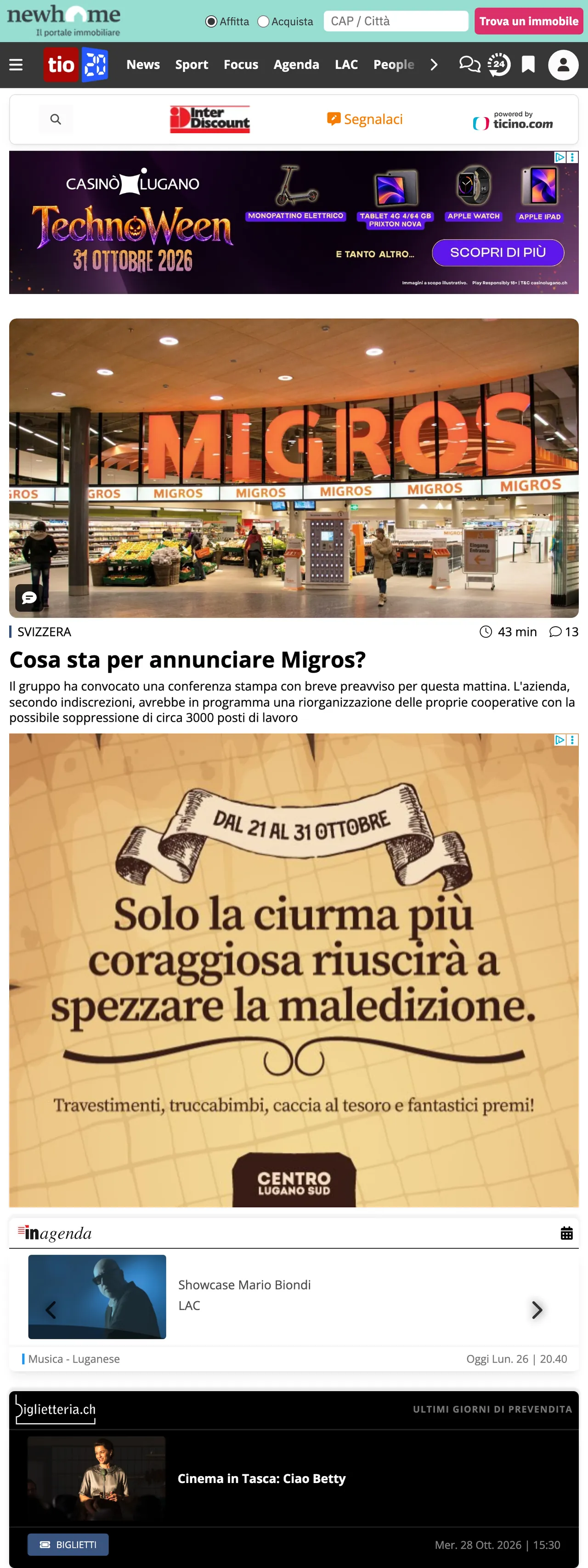 Screenshot of the Ticinonline front page