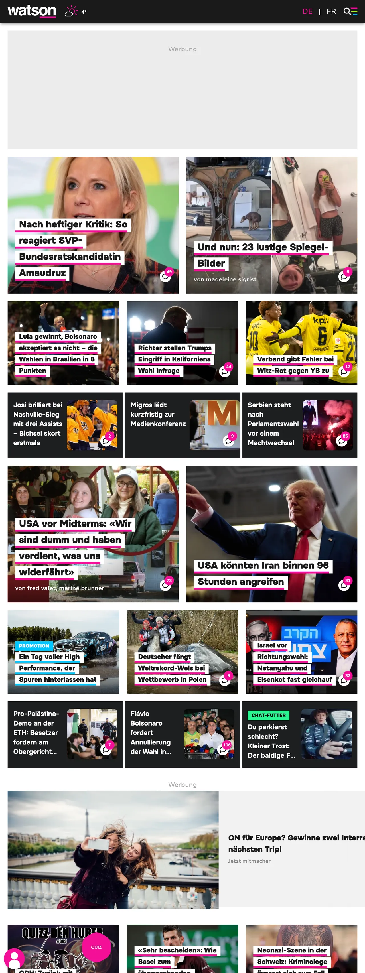 Screenshot of the watson front page