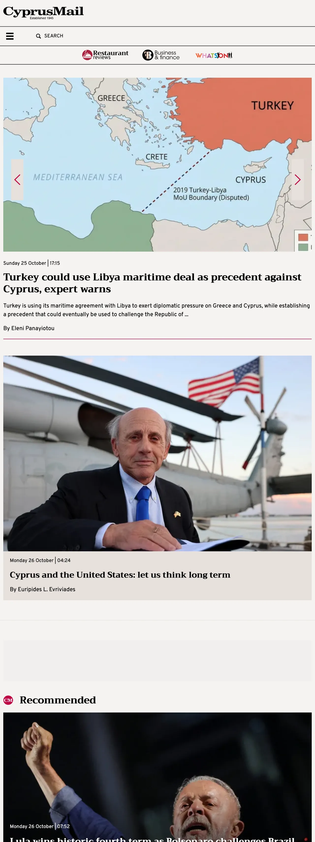 Screenshot of the Cyprus Mail front page