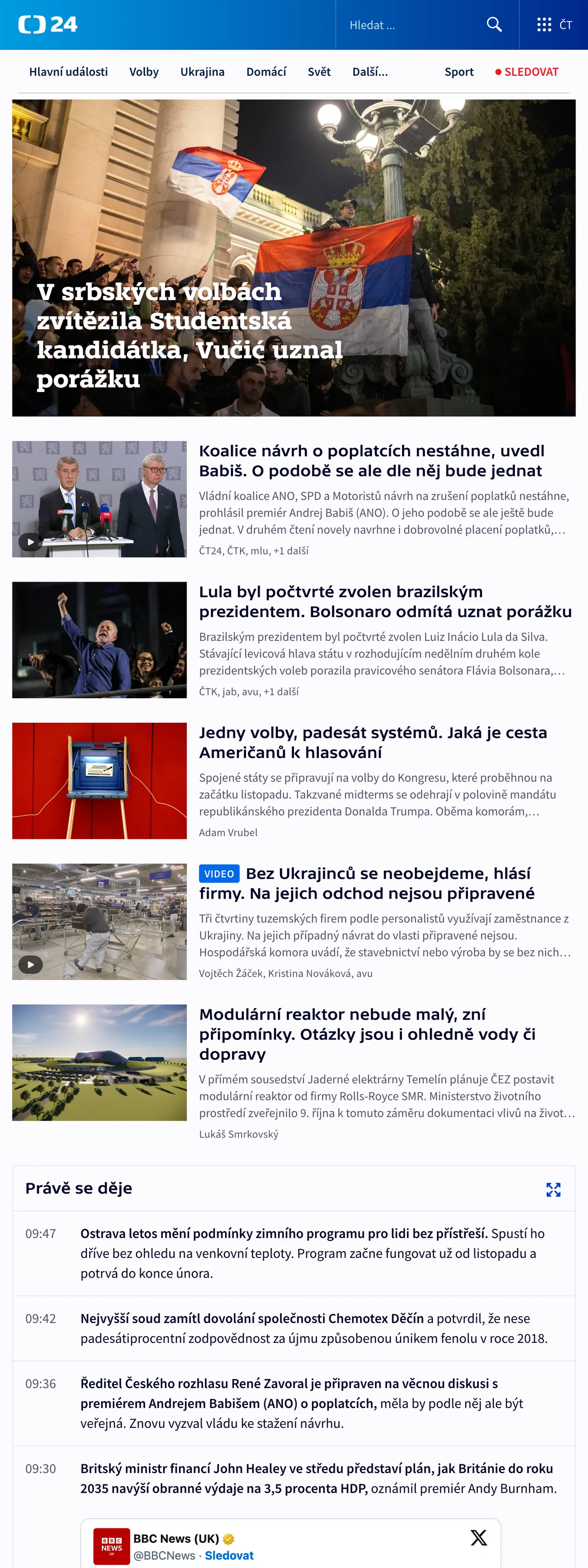 Screenshot of the ČT24 front page