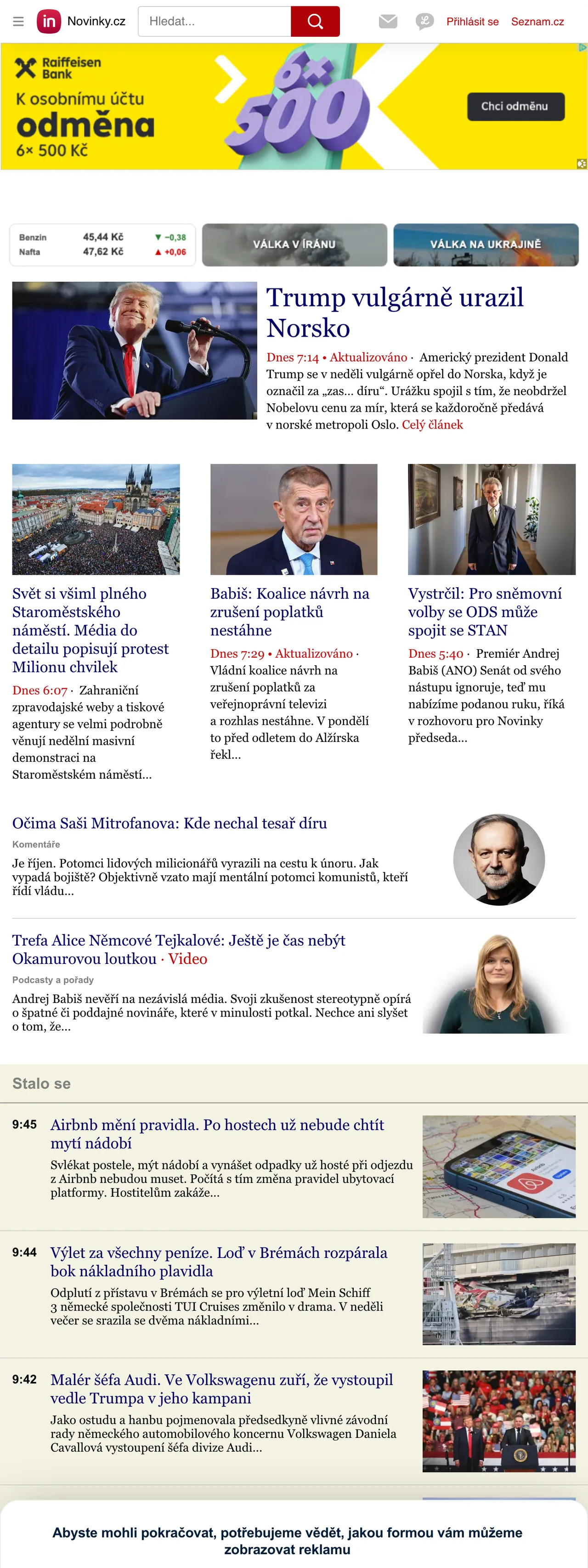 Screenshot of the Novinky.cz front page