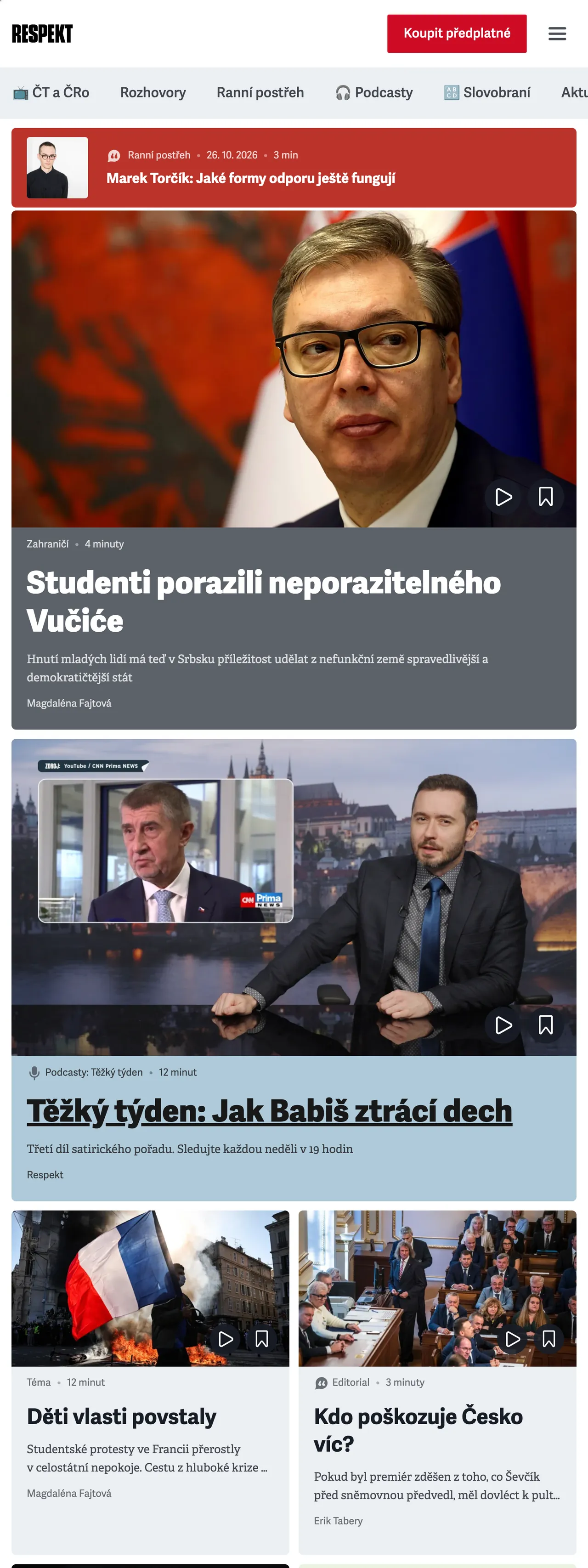 Screenshot of the Respekt front page