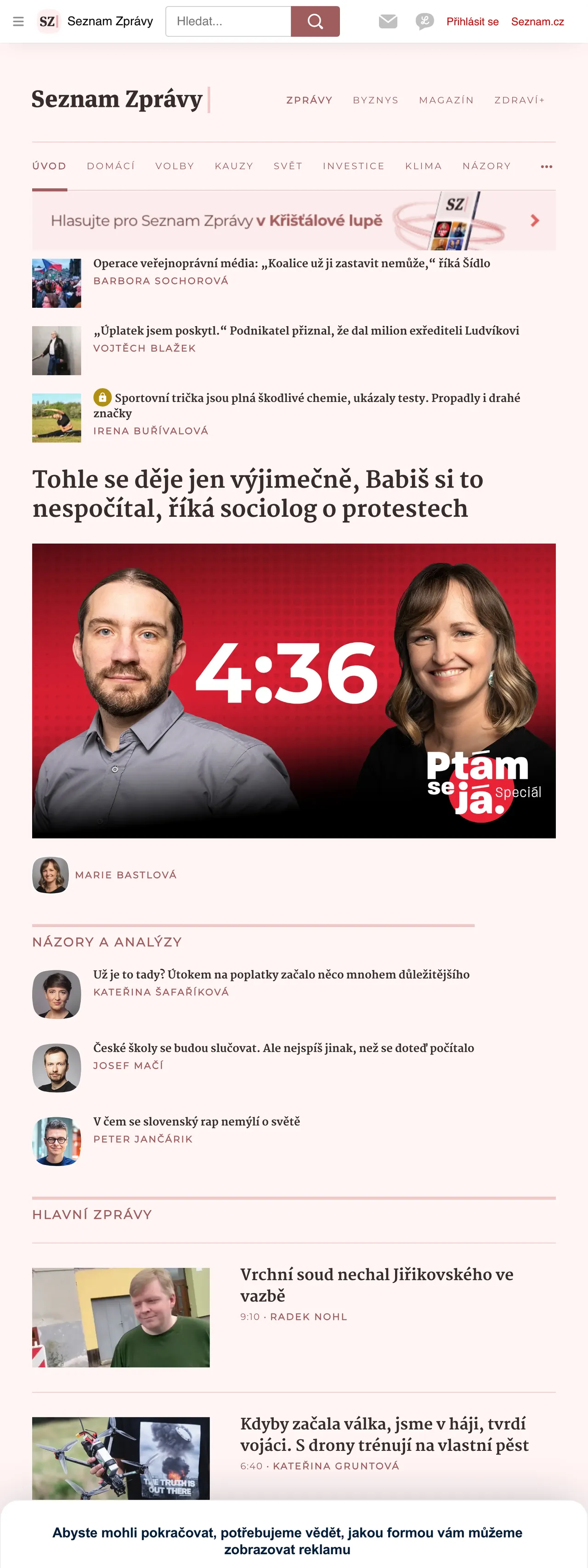 Screenshot of the Seznam Zprávy front page