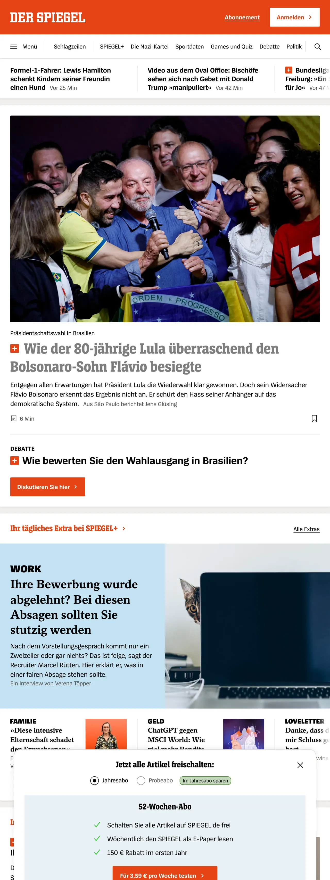 Screenshot of the DER SPIEGEL front page