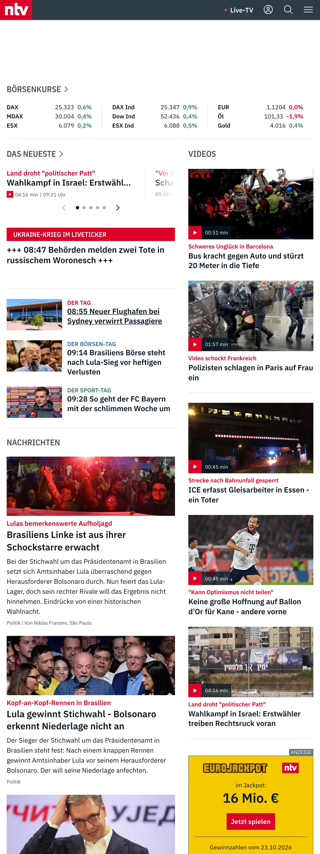 Screenshot of the n-tv front page