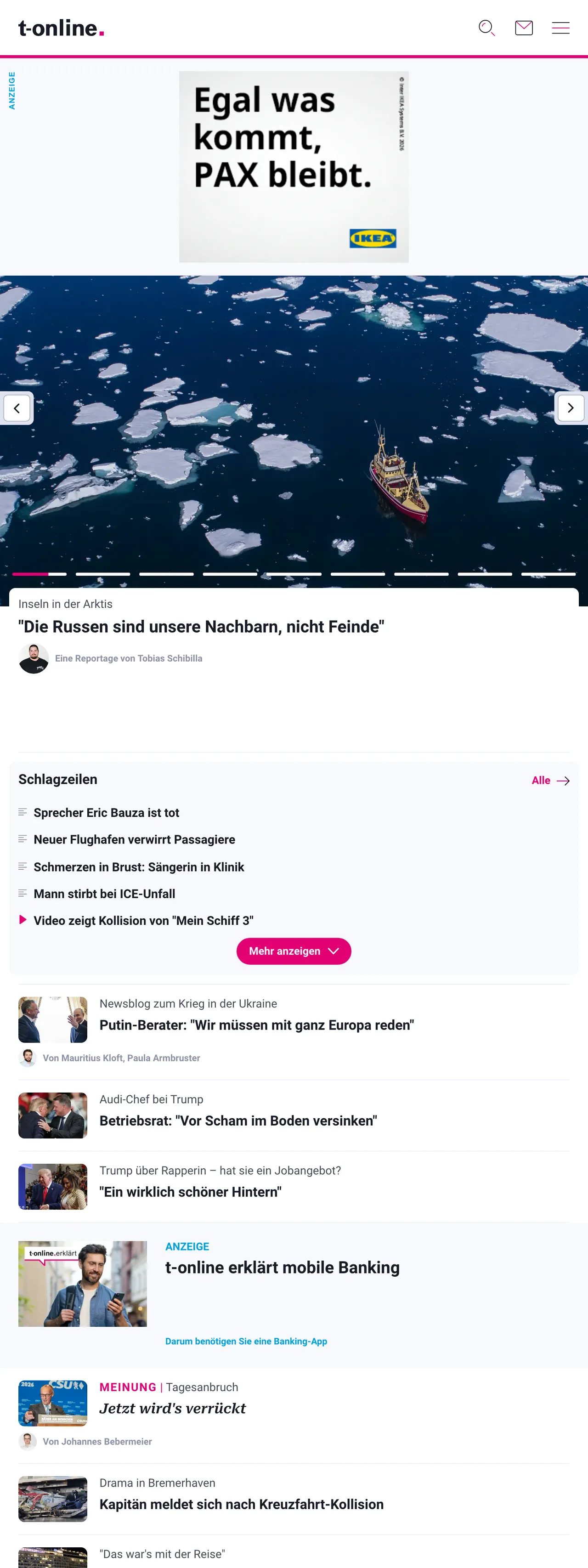 Screenshot of the t-online front page