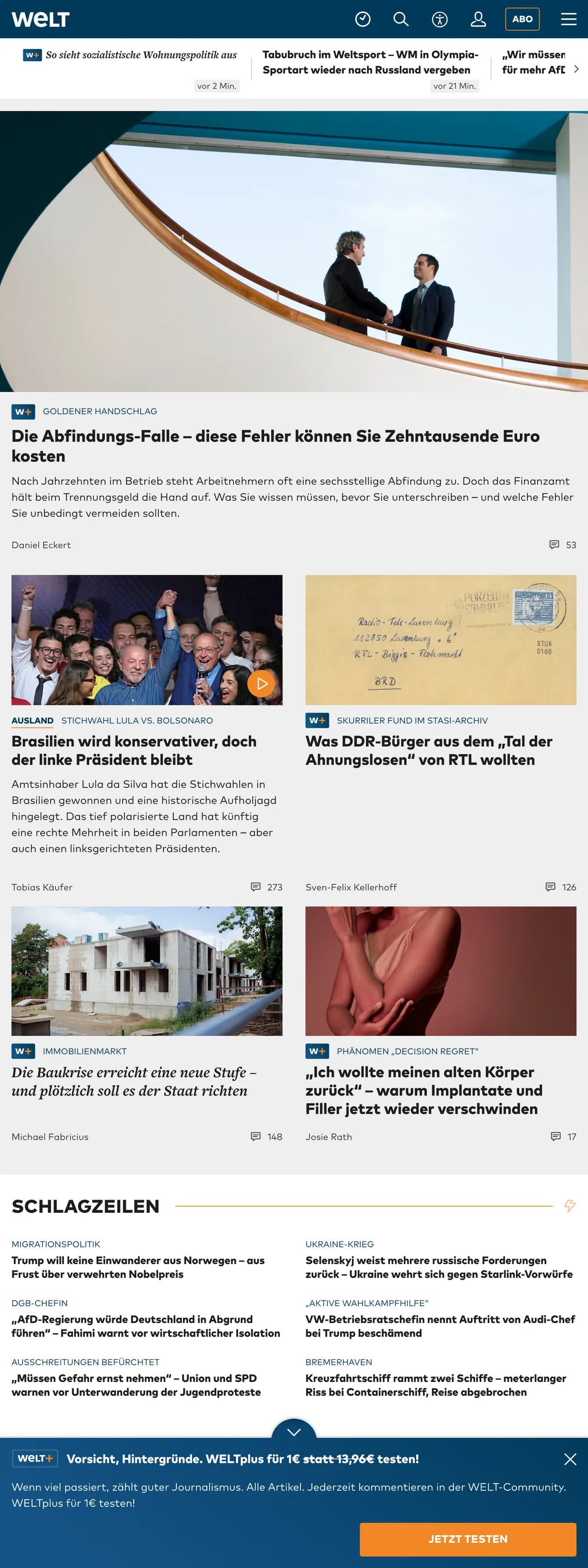 Screenshot of the WELT front page