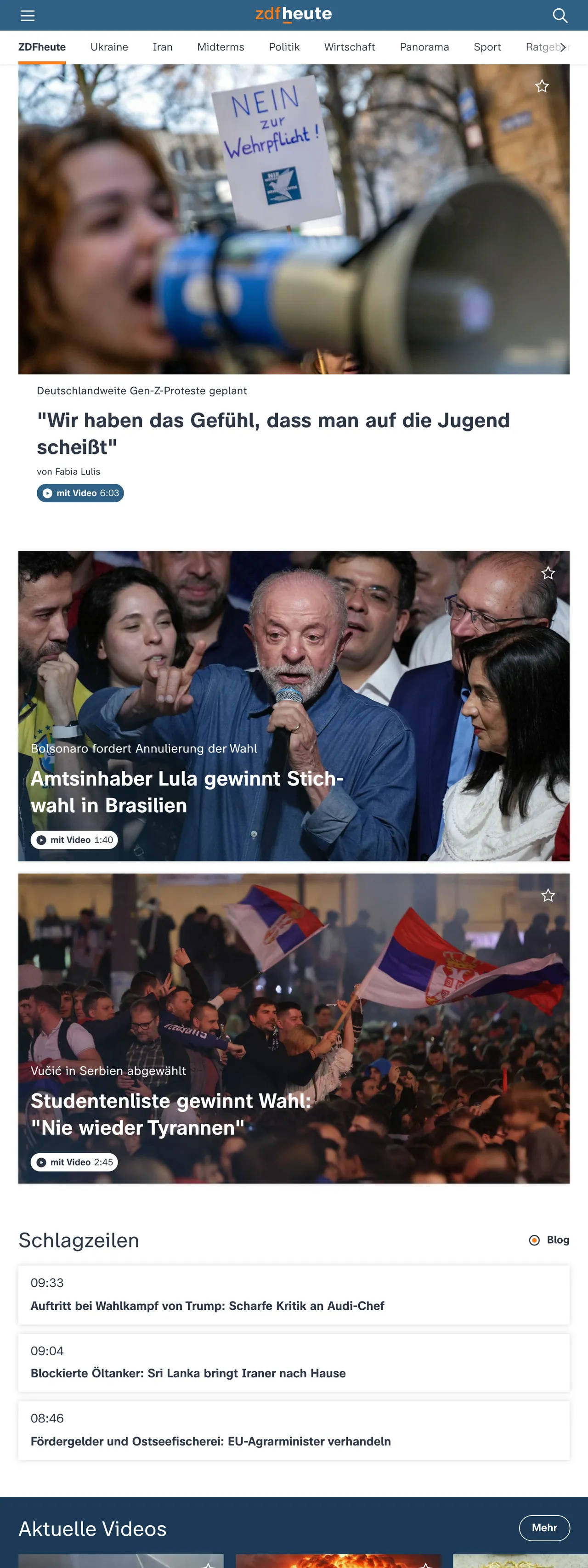 Screenshot of the ZDFheute front page