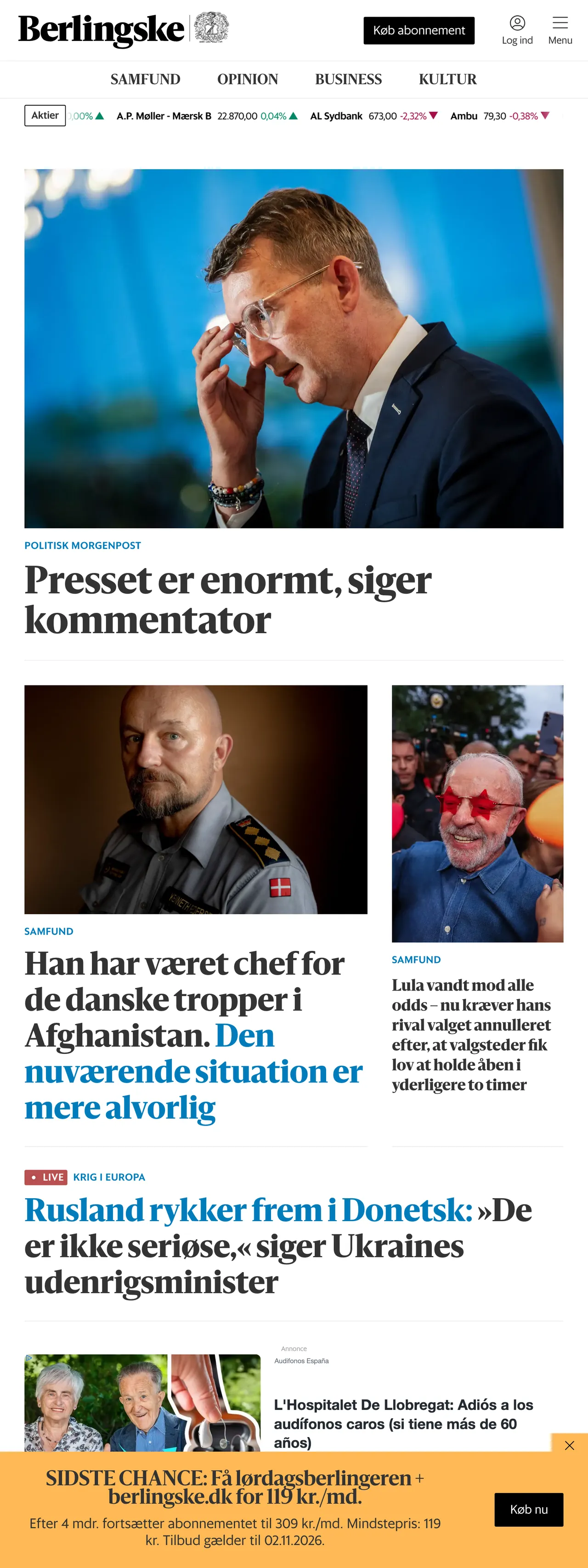 Screenshot of the Berlingske front page