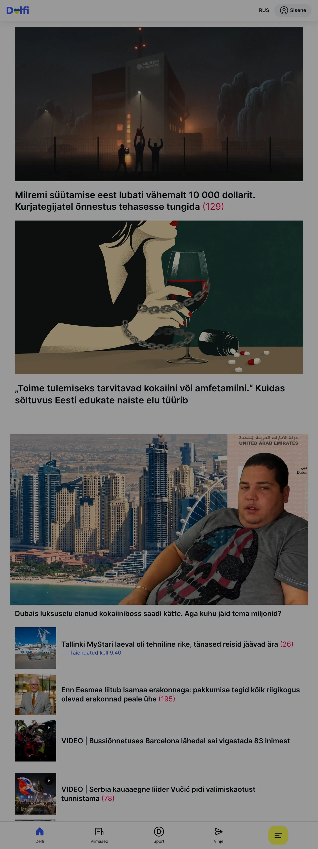 Screenshot of the Delfi front page