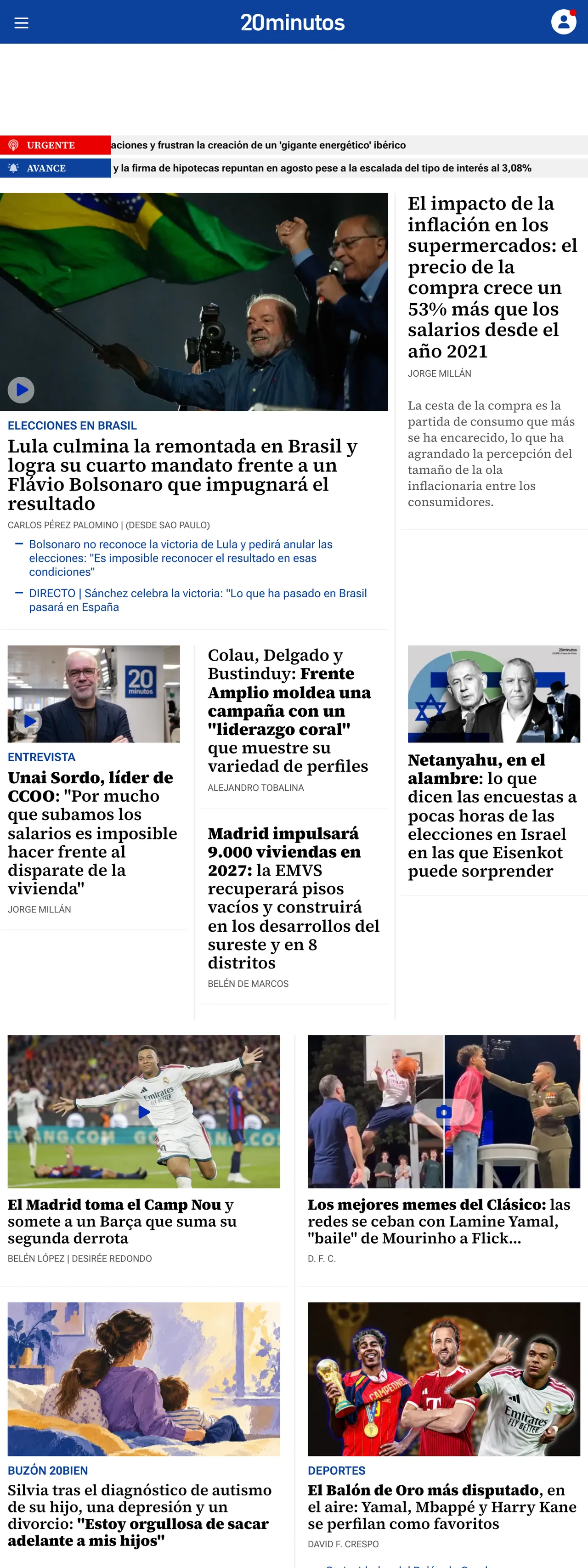 Screenshot of the 20minutos front page