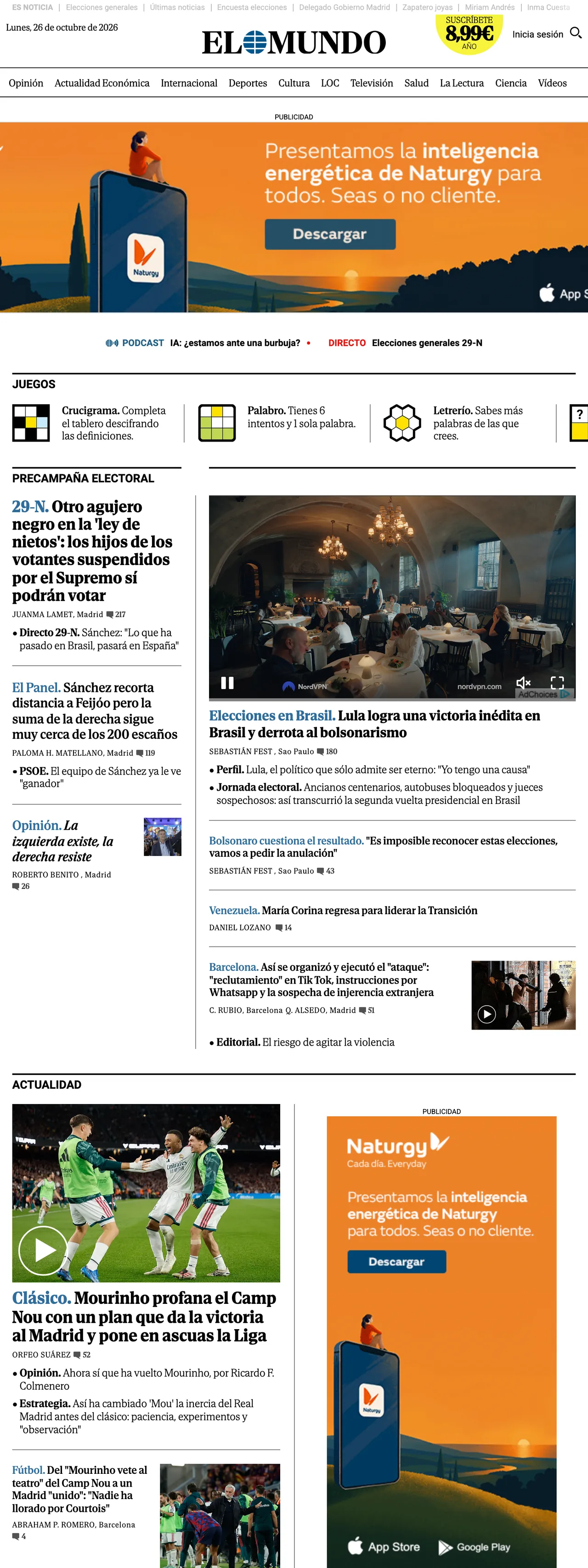 Screenshot of the El Mundo front page