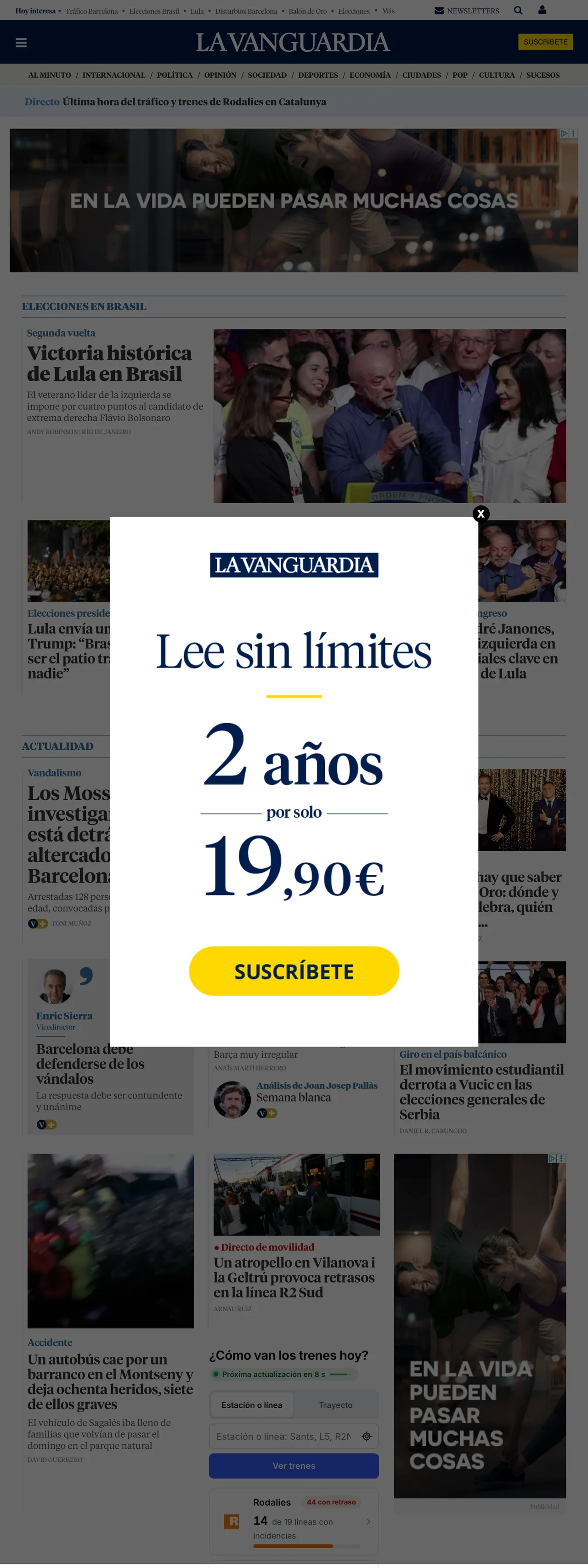 Screenshot of the La Vanguardia front page