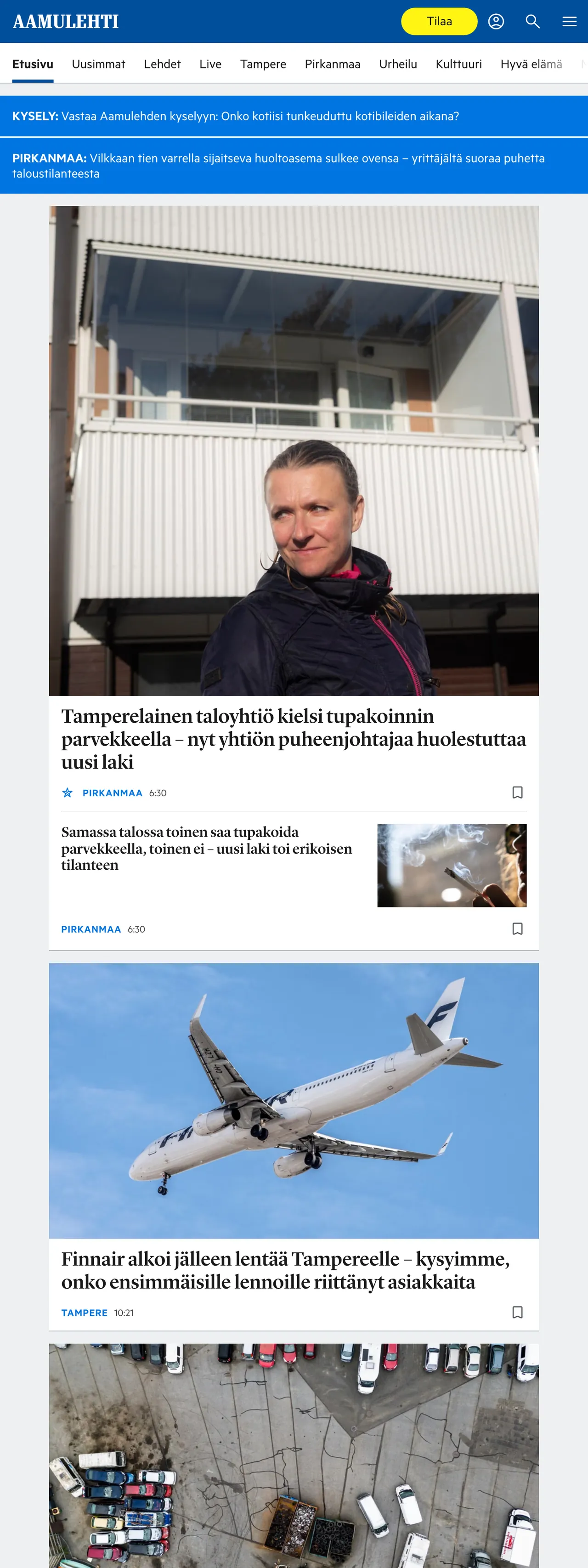 Screenshot of the Aamulehti front page