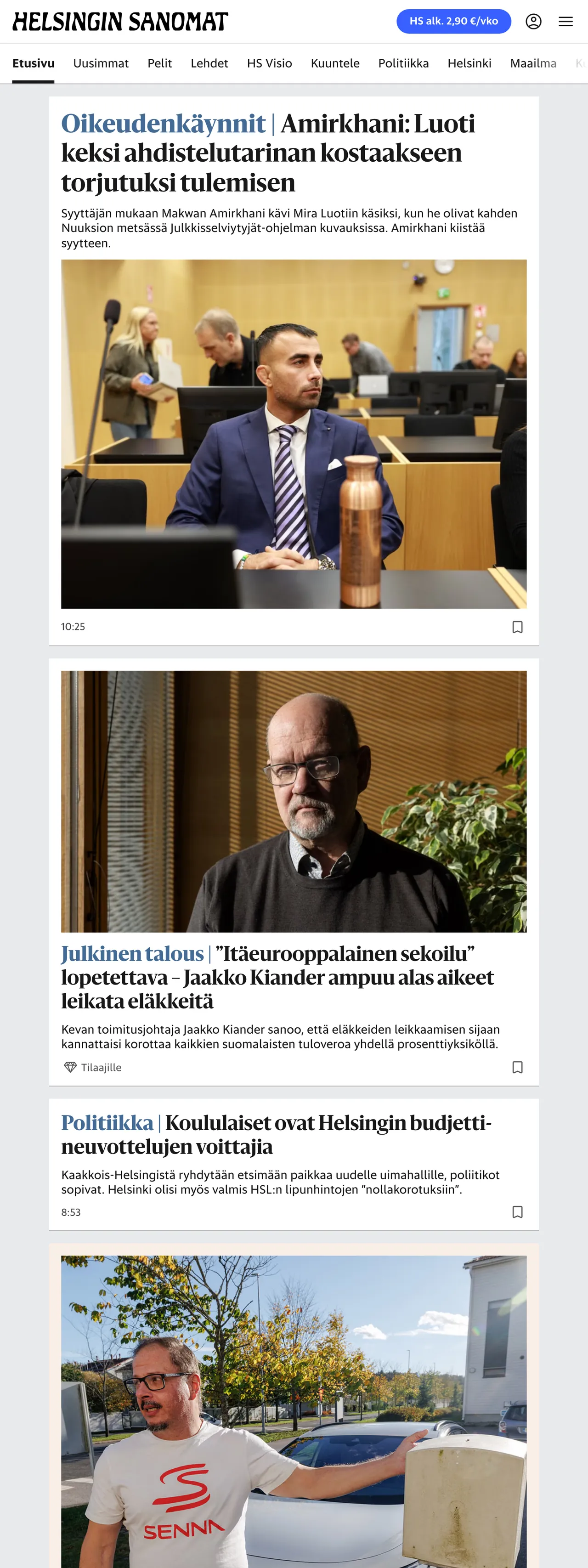 Screenshot of the Helsingin Sanomat front page