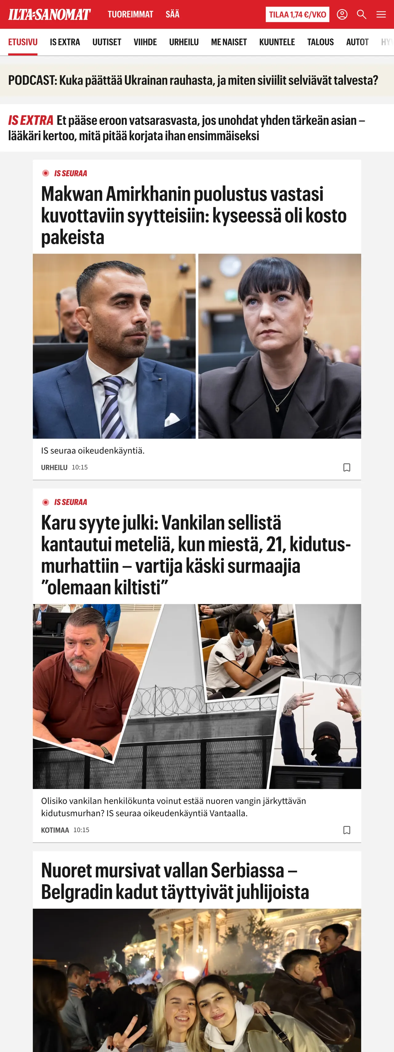 Screenshot of the Ilta-Sanomat front page