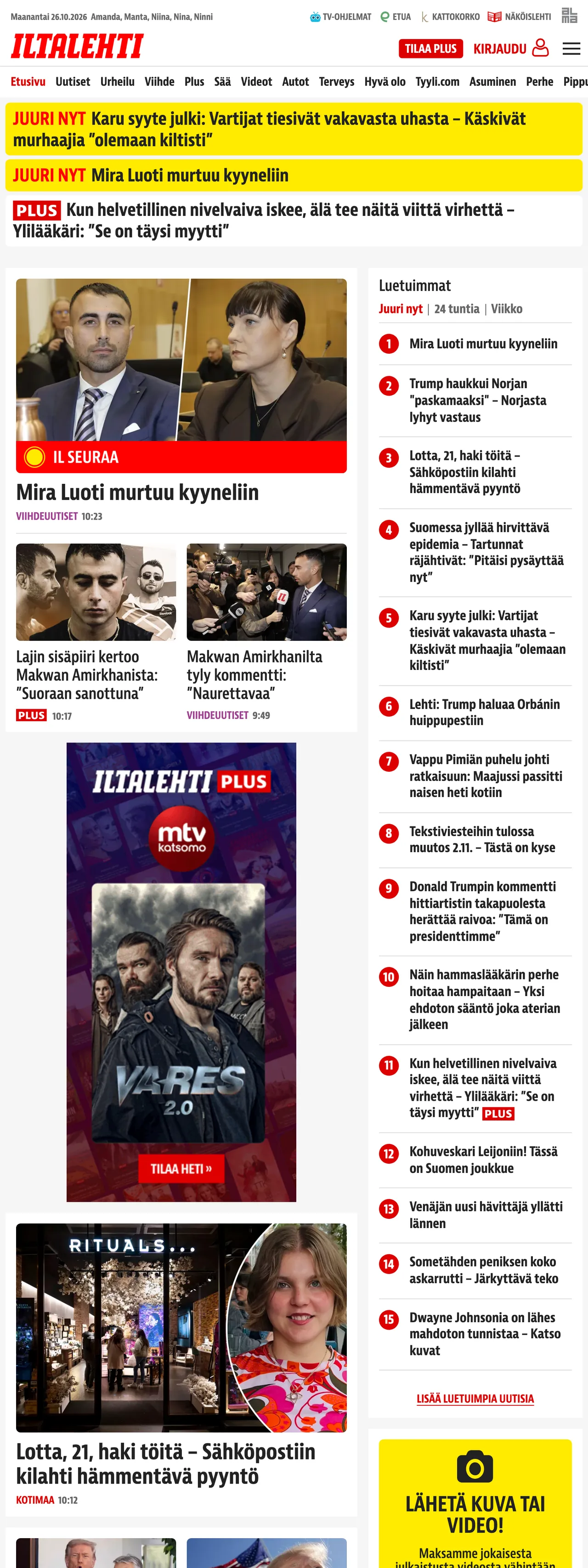 Screenshot of the Iltalehti front page