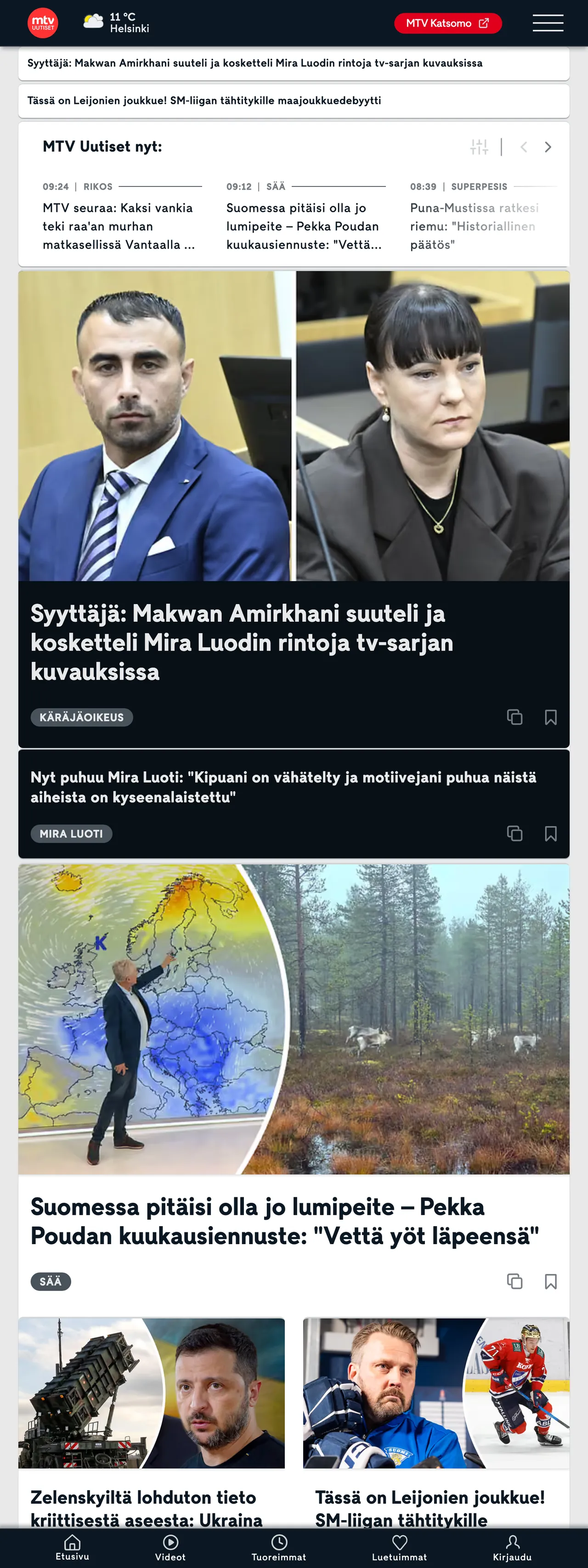 Screenshot of the MTV Uutiset front page