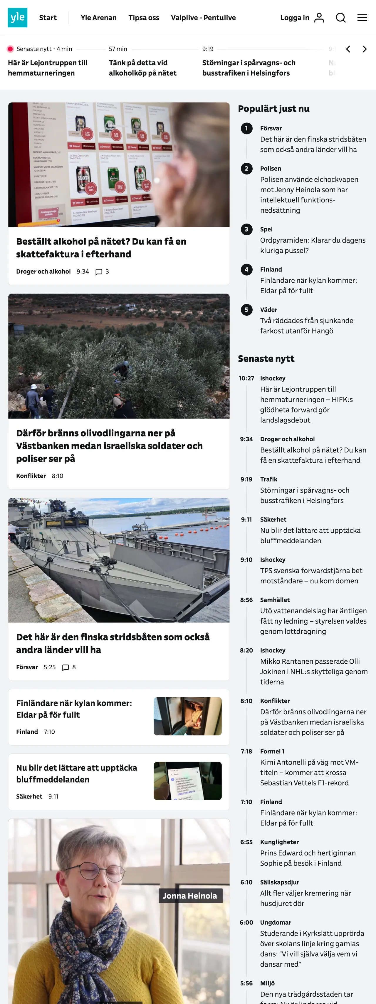 Screenshot of the Svenska Yle front page