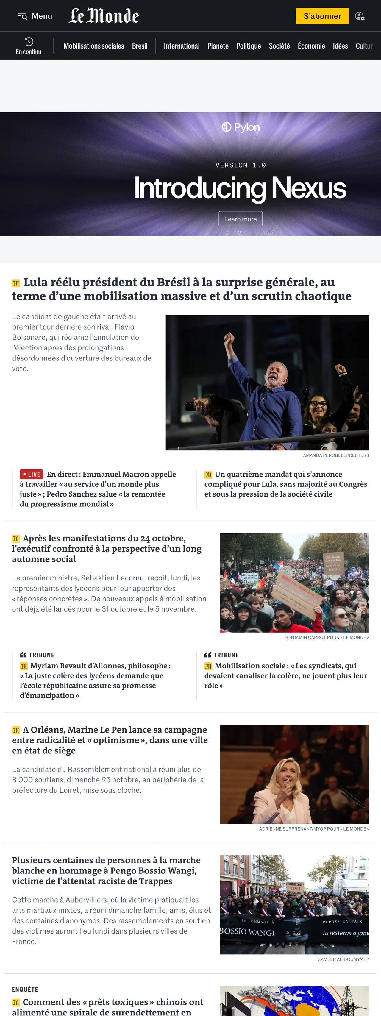 Screenshot of the Le Monde front page