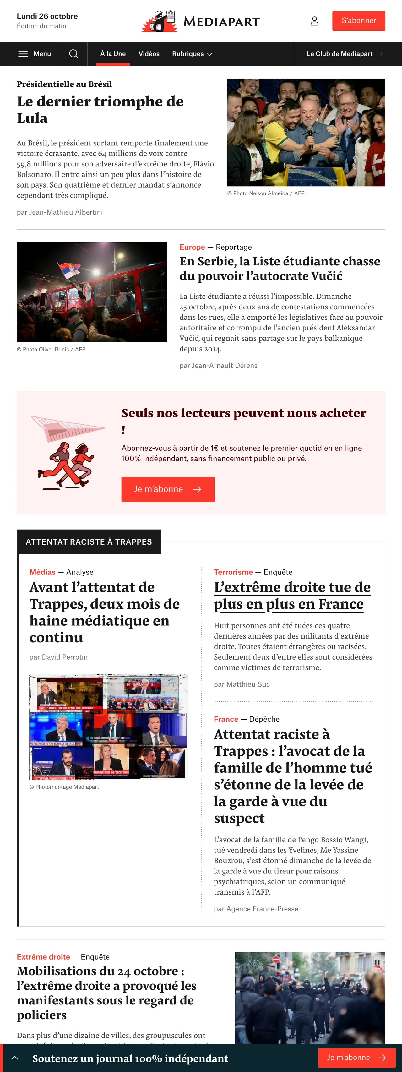 Screenshot of the Mediapart front page