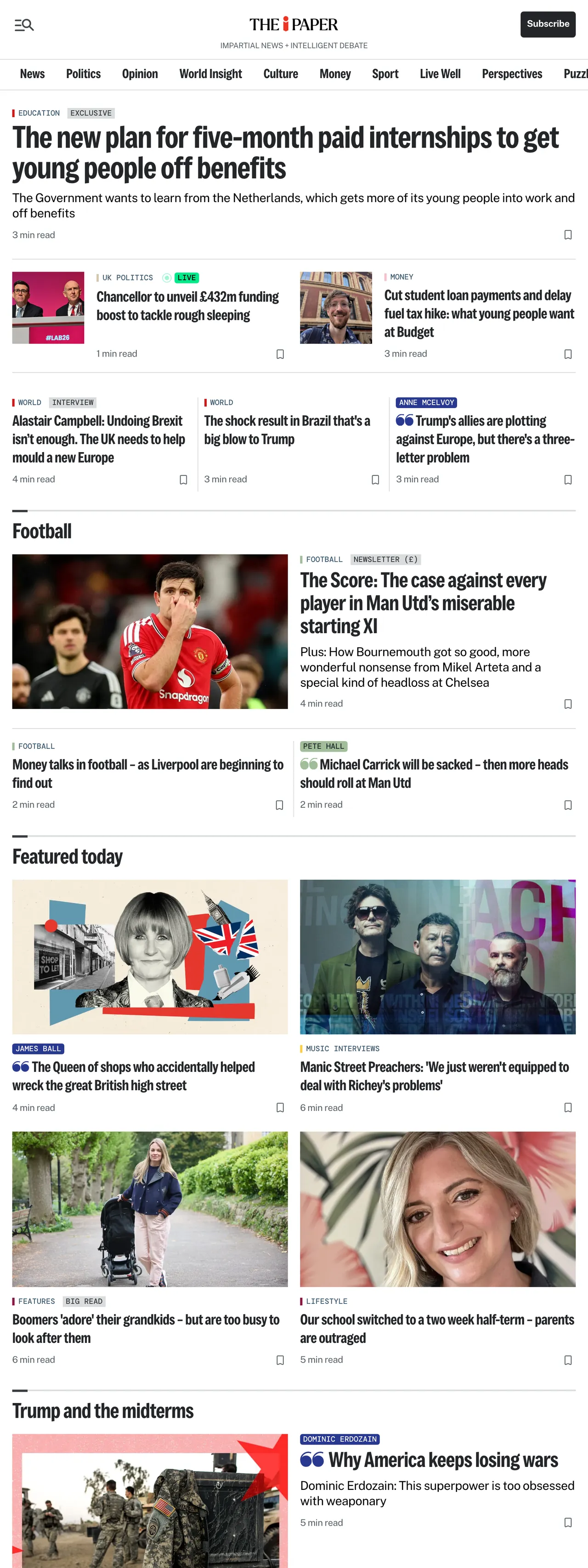 Screenshot of the The i Paper front page