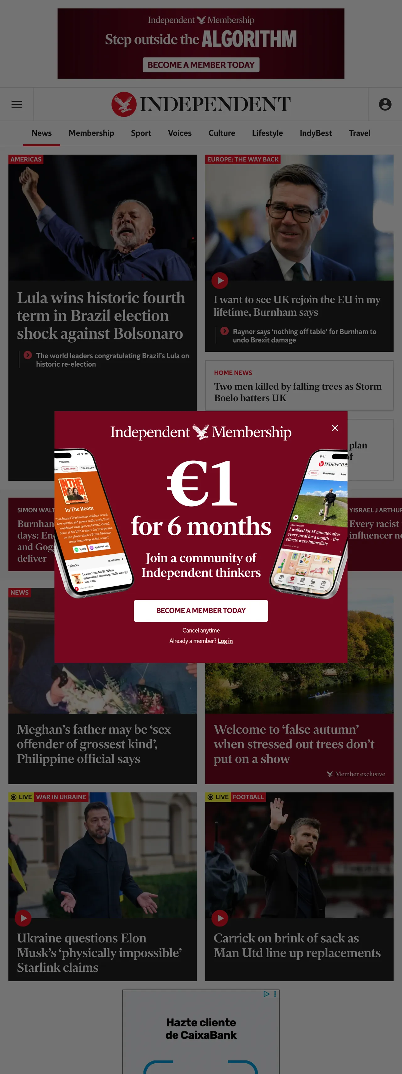 Screenshot of the The Independent front page