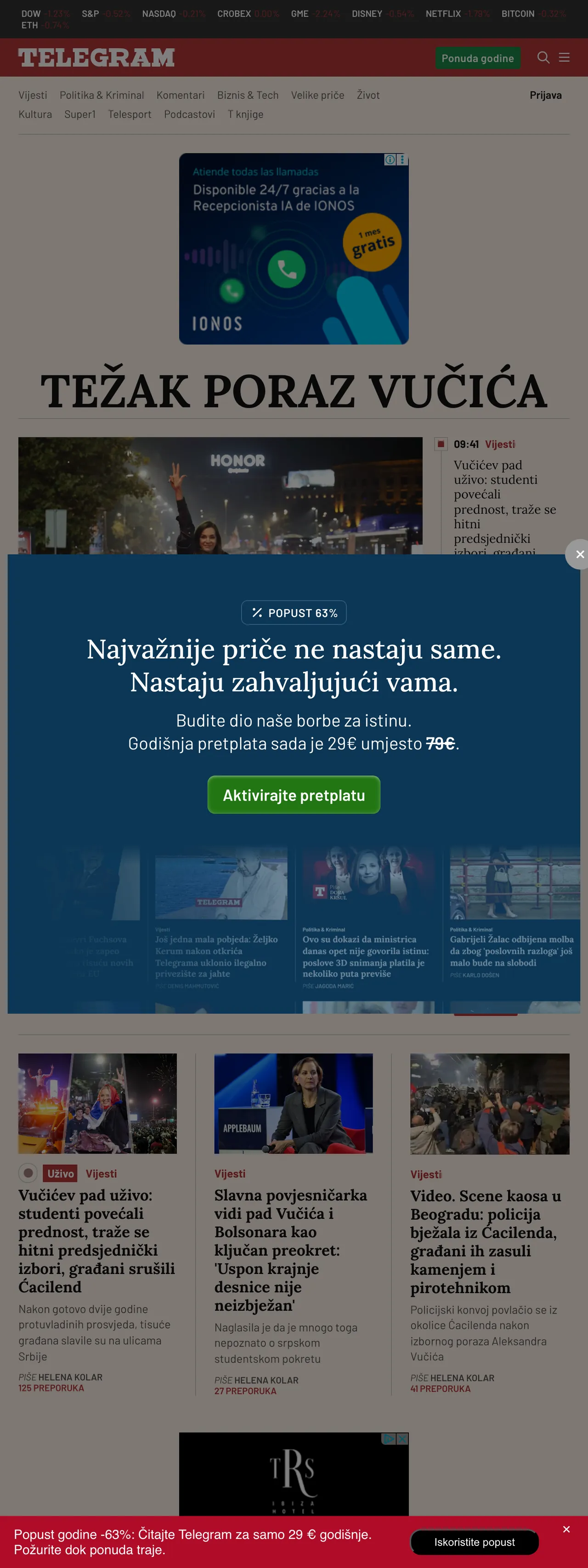 Screenshot of the Telegram.hr front page