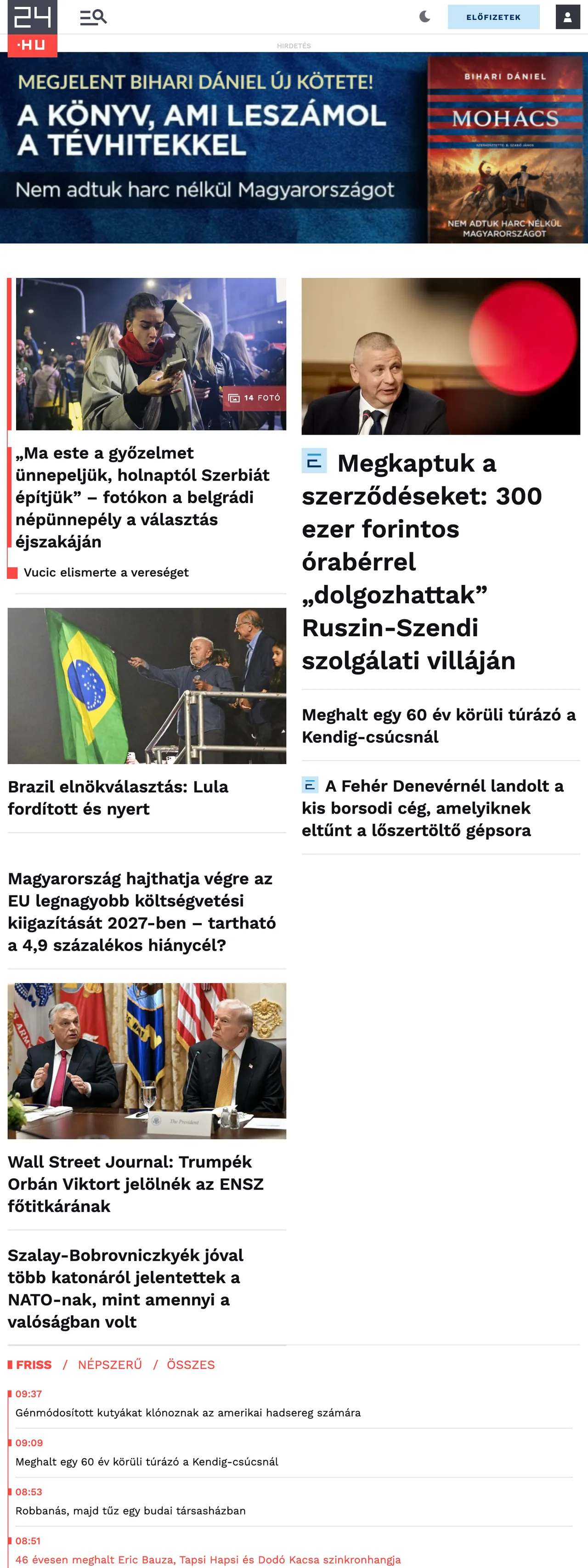 Screenshot of the 24.hu front page
