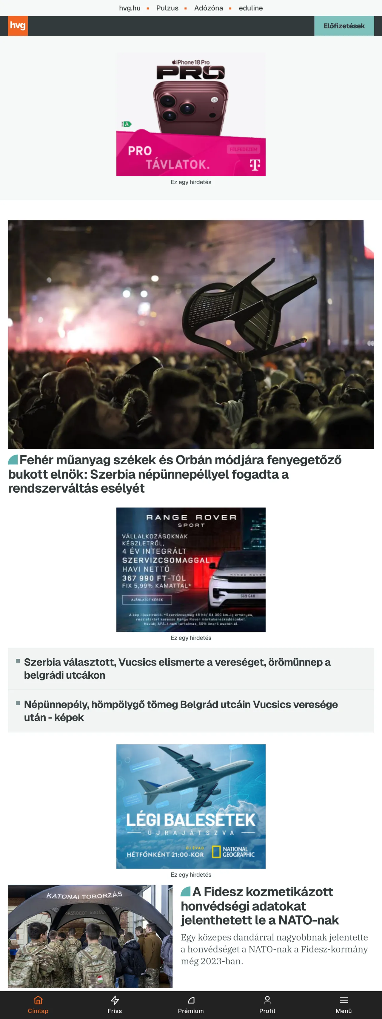 Screenshot of the HVG front page