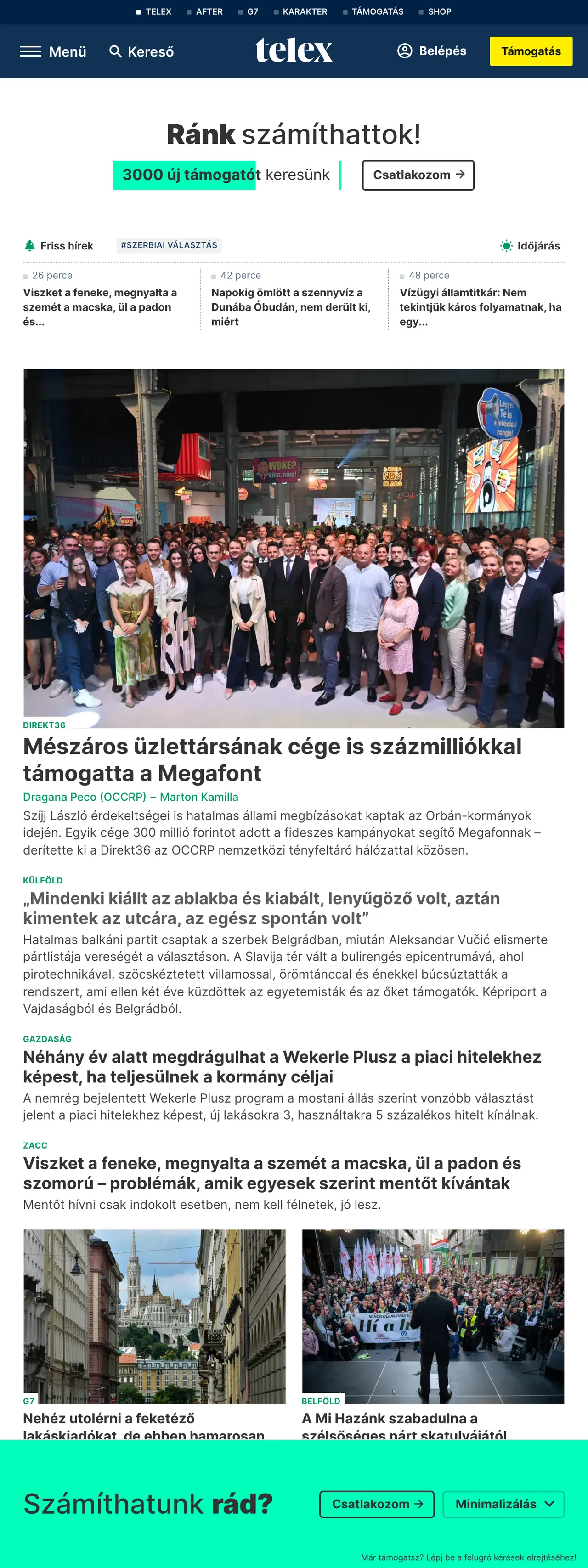 Screenshot of the Telex front page