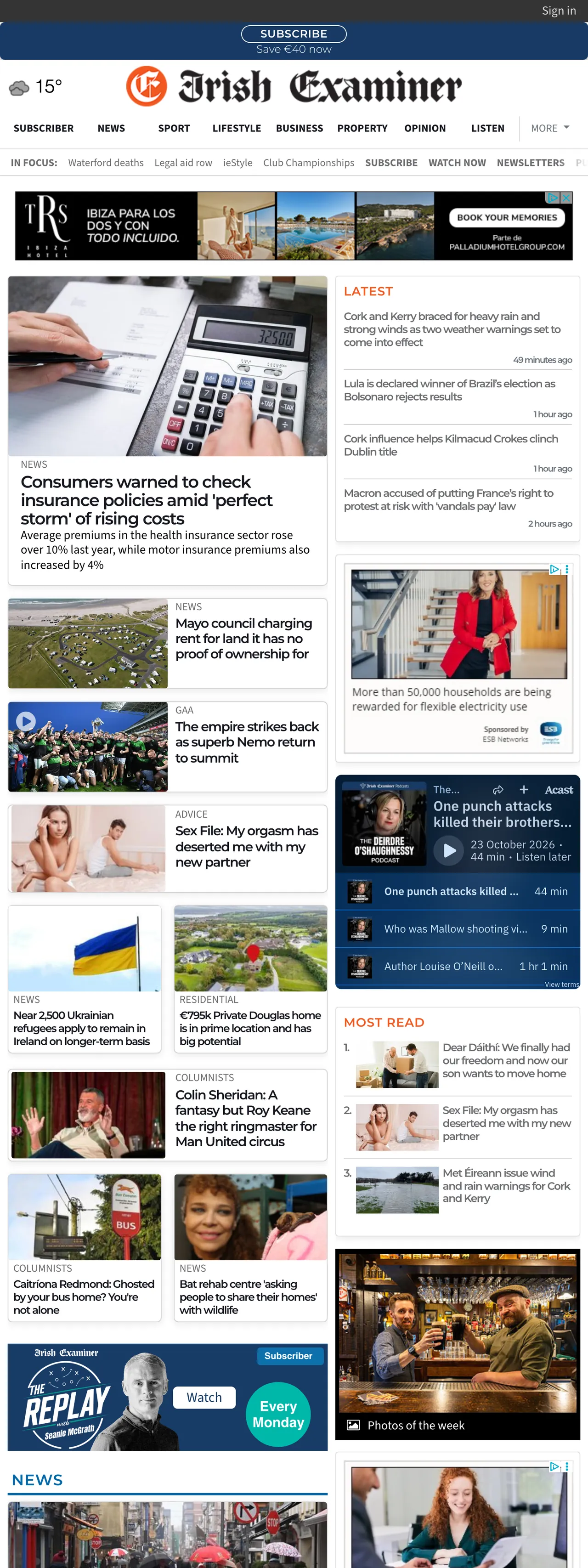 Screenshot of the Irish Examiner front page